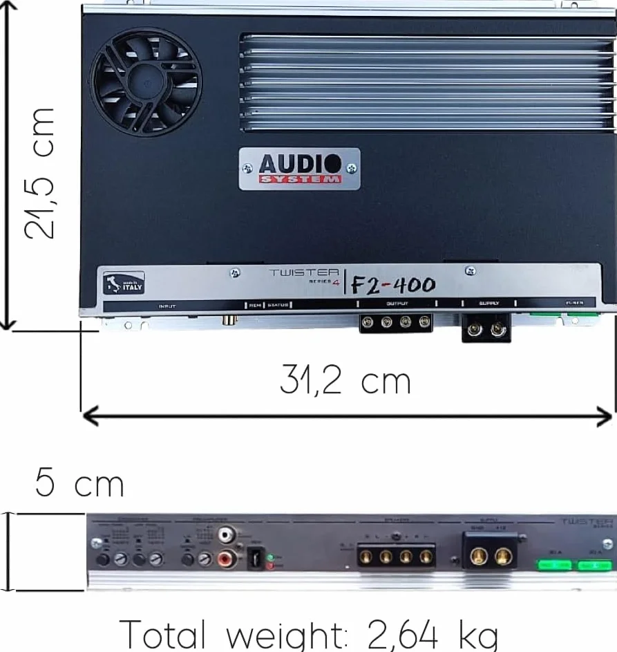 KIT SET PER AUDIO SYSTEM F2-400, 1 amplificatore 2 canali 2 x 280 watt rms a 2 ohm, spl, bagagliaio, cofano, auto, 1 pezzo + 3 sticker omaggio