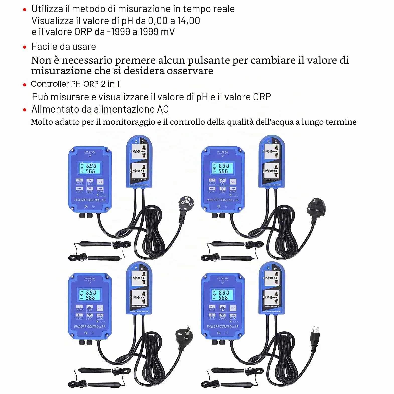 PH-803W Controllore Redox Redox Misuratore Multiparametrico per Test Dell'acqua per il Monitoraggio e il Controllo della Qualità Dell'acqua a Lungo Termine(EU Plug 250V)
