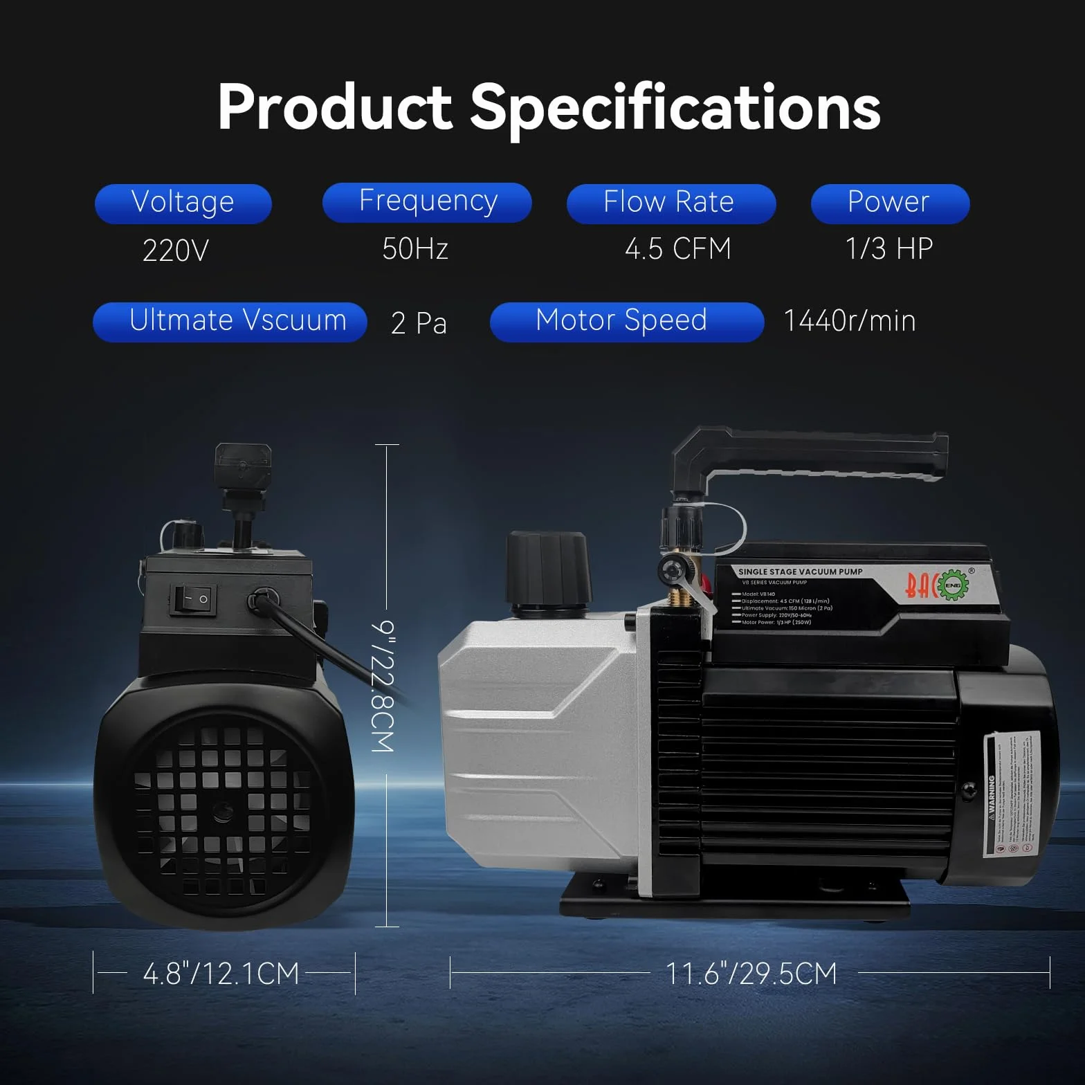 BACOENG 4,5CFM Pompa a Vuoto per Refrigerazione Aria Condizionata, 1/3HP Pompa a Vuoto Monostadio 1440r/min per vuoto ad aria elettrica per auto Sistemi di refrigerazione