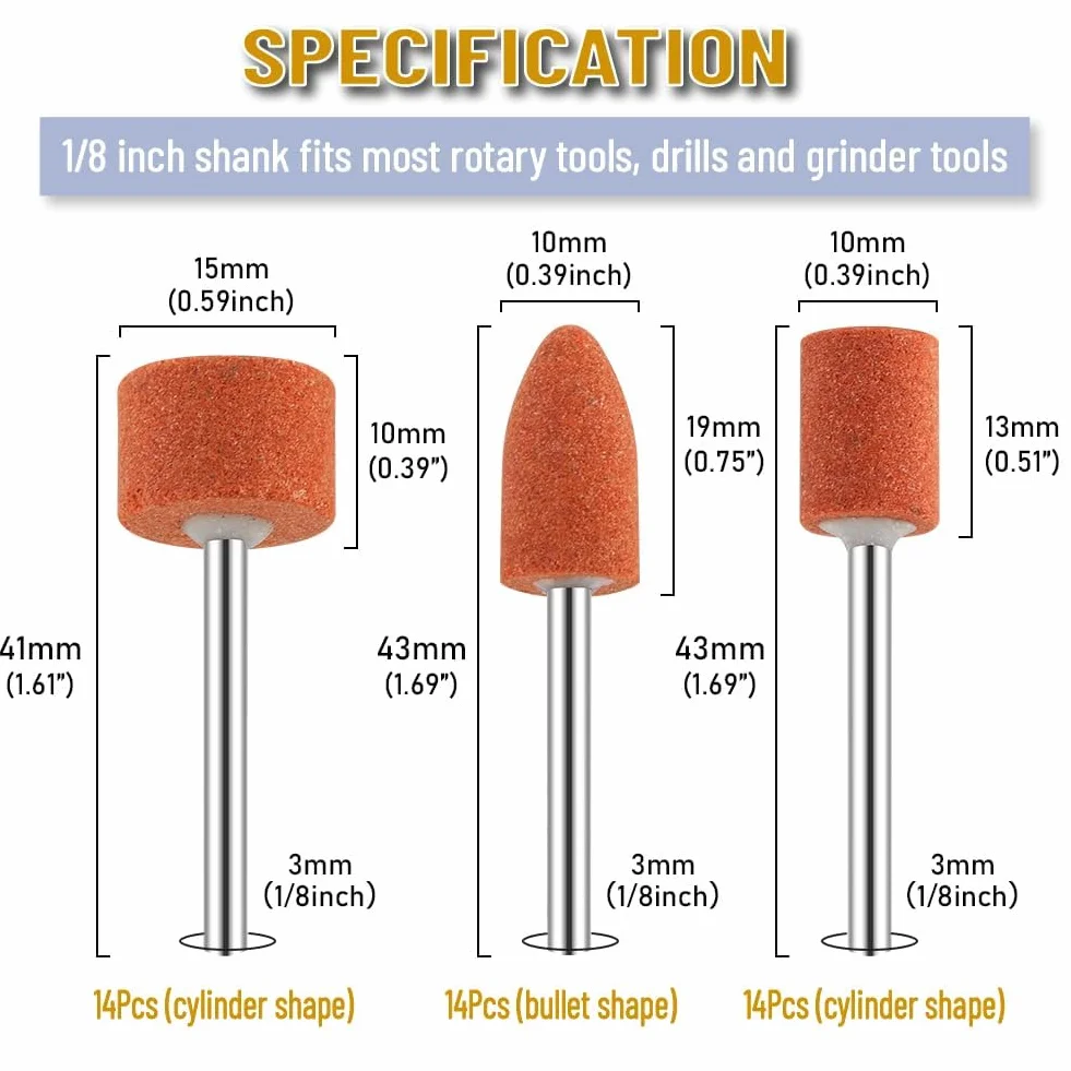 42 Pack Set di pietre per smerigliatura con gambo da 1/8 di pollice, pietra abrasiva montata, punta per smerigliatura per utensili rotanti per smerigliatura, lucidatura, sbavatura