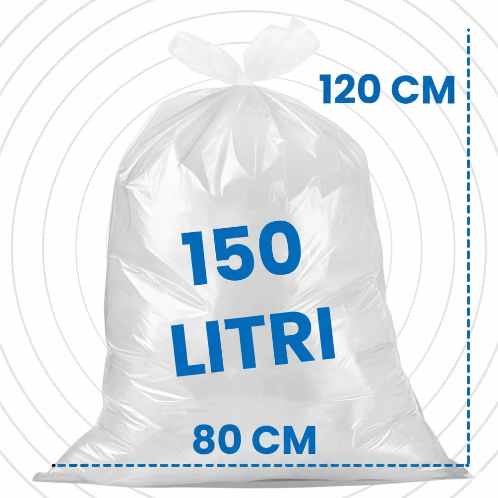 FRIO - 200 sacchetti grandi, 150 litri, trasparenti, sacchi spazzatura condominiali formato scorta per bidone raccolta differenziata, con legacci. Buste spazzatura 80x120 cm, multistrato, resistenti