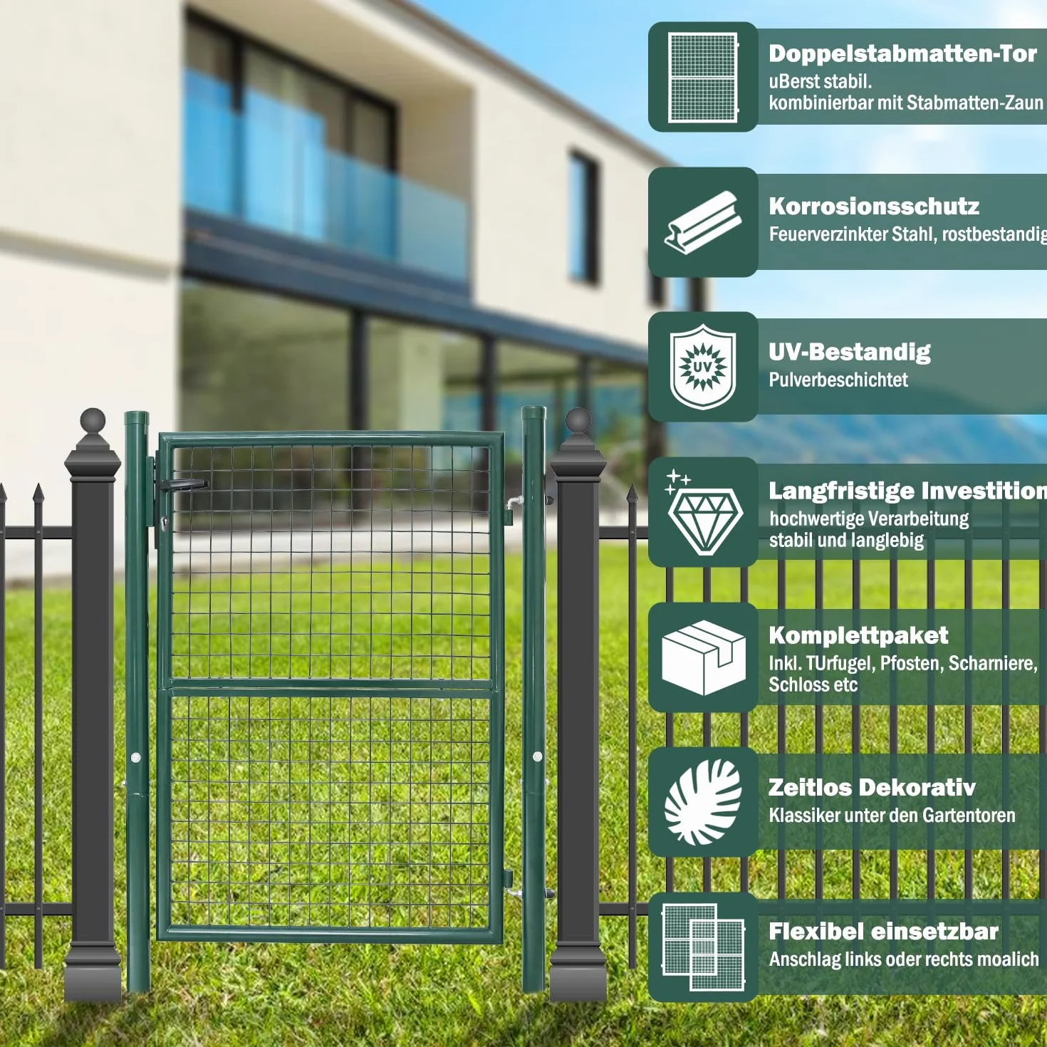 Cancello da giardino, 150 x 100 cm, in acciaio zincato, porta da giardino per recinzione, cancello da giardino, con manico in acciaio inox e 3 chiavi, colore: verde