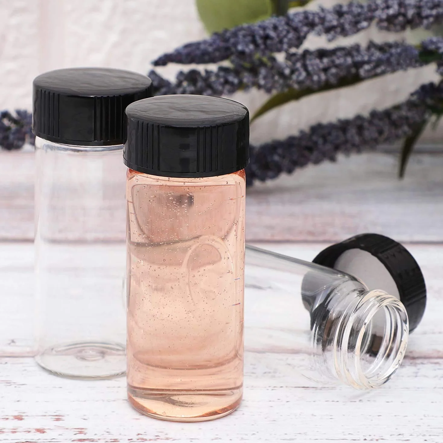 KAHEIGN 20Pcs Fiale di Vetro Trasparente, 20ml 2/3 Oz Bottiglie di Vetro Campione con Tappo Nero a Vite in Plastica Contenitore Trasparente per Fiale da Laboratorio