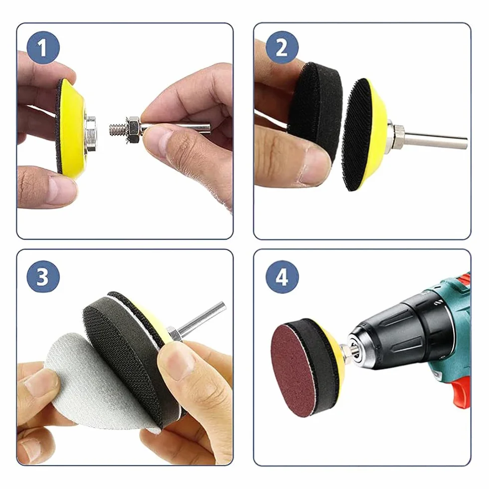 Cuscinetto per disco abrasivo da 4 pezzi Gancio posteriore morbido e cuscinetto ad anello per disco abrasivo da 50 mm Attacco per trapano con gambo da 1/4" Cuscino in strato di schiuma