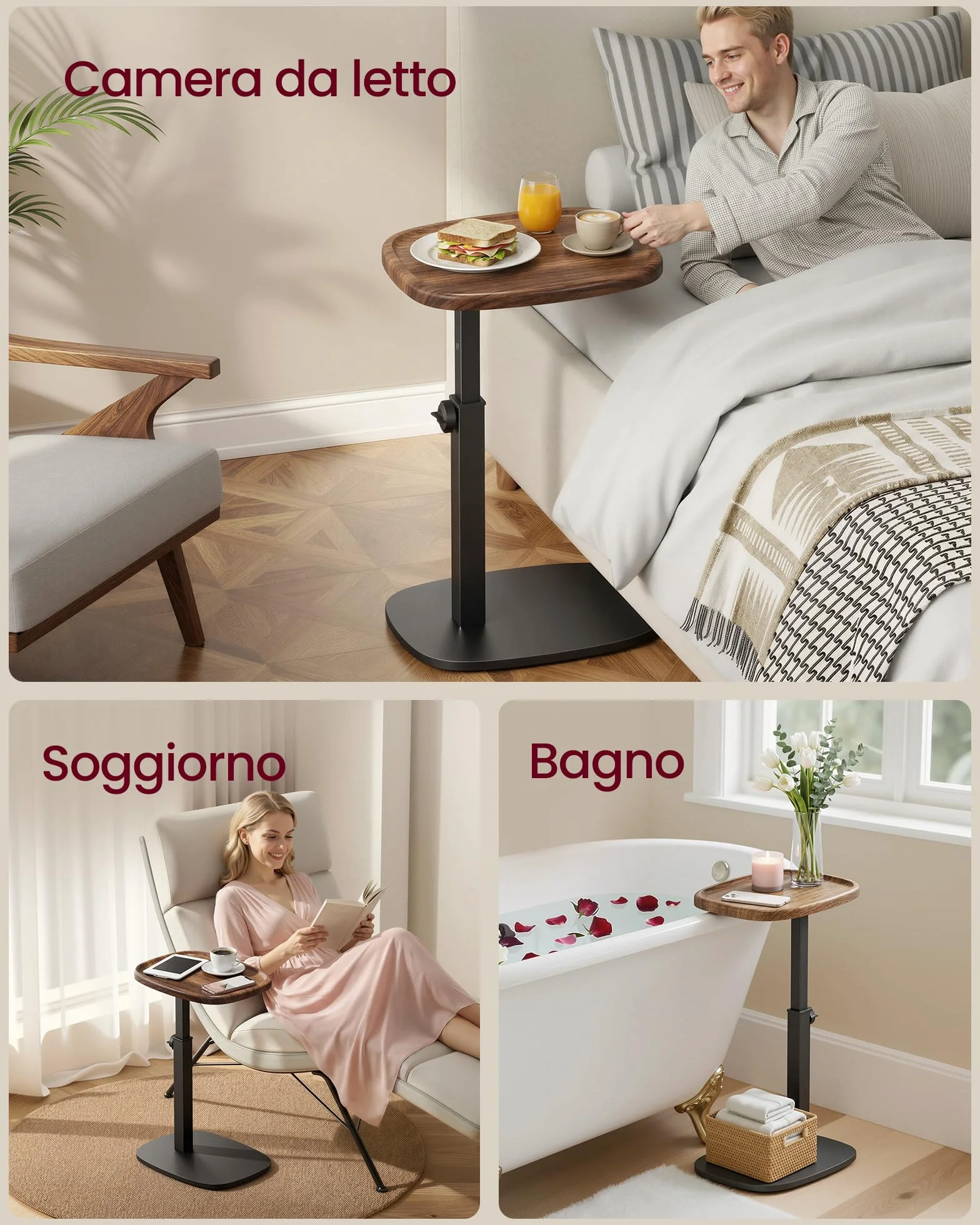 VASAGLE Tavolino a Forma di C Regolabile in Altezza 30 x 40 x 69 cm Marrone Noce e Nero Inchiostro