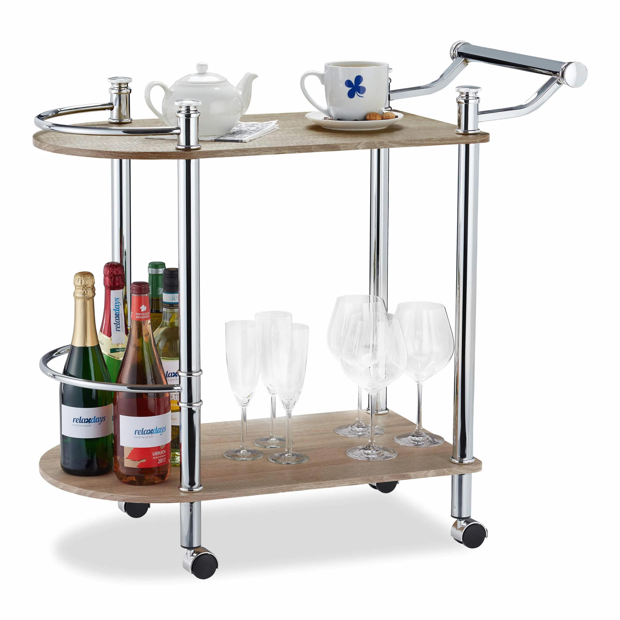 Relaxdays Carrello Portavivande con 2 Ripiani, in Effetto Legno, MDF, Acciaio, 4 Ruote, con Manico, 76x39x82 cm, Marrone
