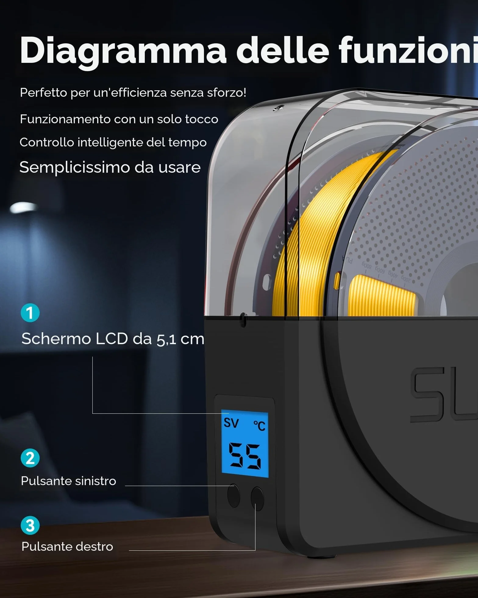 SUNLU Official Filament Dryer S1 PLUS con Ventola, Senza Umidità Essiccatore Filamento 3D, FilaDryer Facile da Usare e Portatile, PLA PETG ABS Nylon TPU Essiccatore Filamento 3D SUNLU S1+, (Nero)