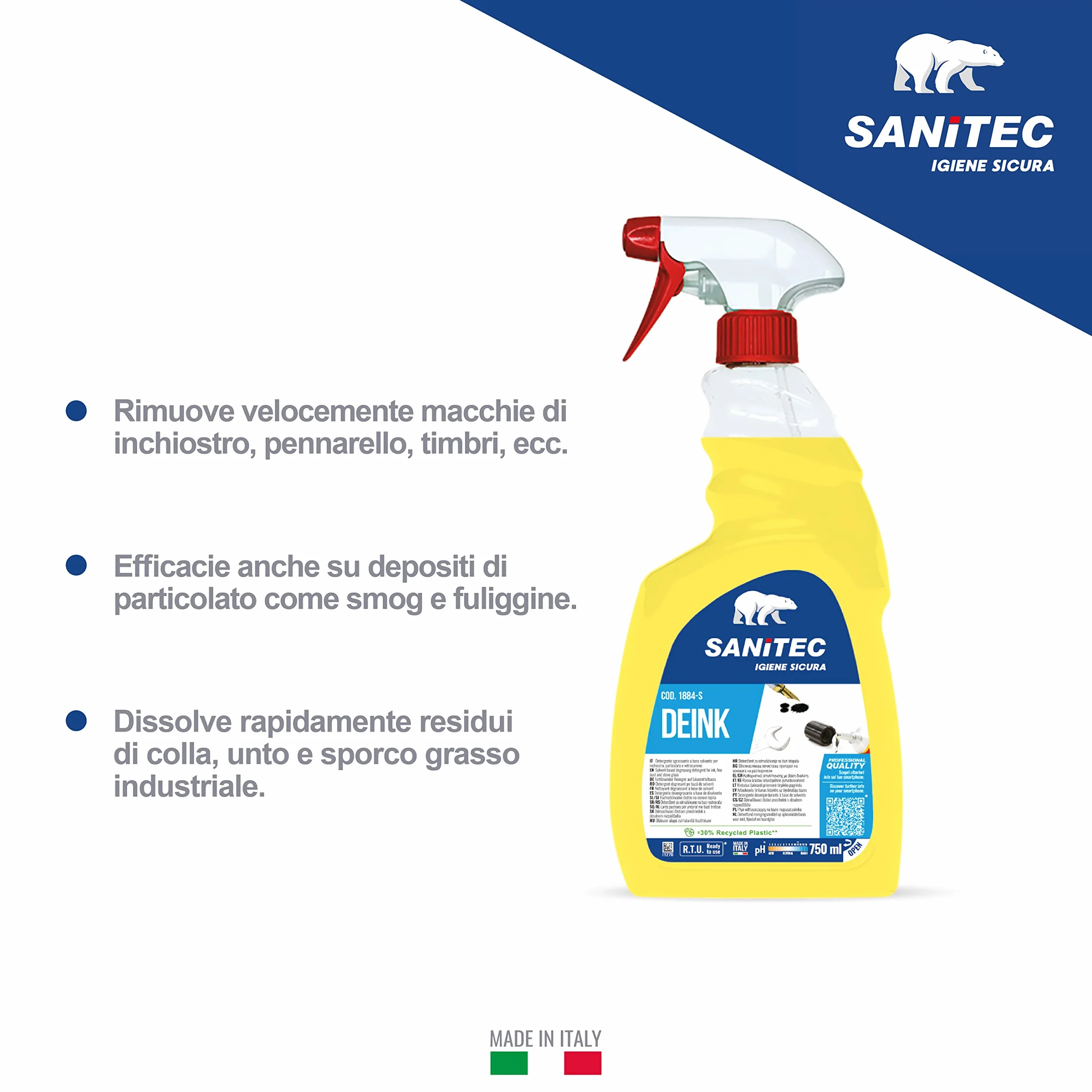 SANITEC igiene sicura Deink, Detergente Profumato, Sgrassante Specifico ed Efficace per Inchiostro, Colla, Grasso e Graffiti, Pulizia Senza Risciacquo e Senza Aloni, Made in Italy, 6 Flaconi 750 ml