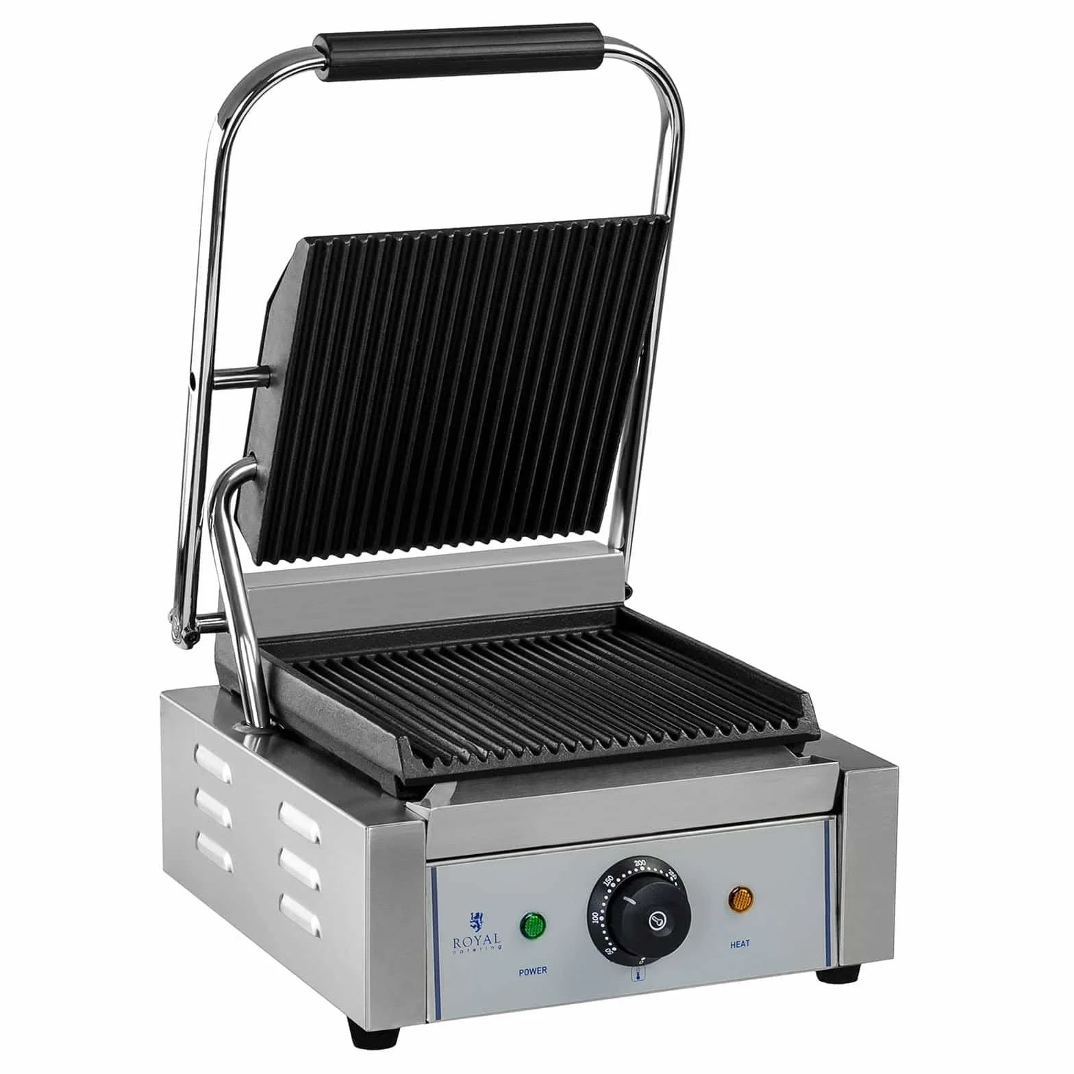 Royal Catering RCCG-1800G Tostiera Piastra Panini Elettrica Grill a Contatto Sandwich Maker (1.800 W, 23 x 22 cm, 230 V, Contenitore di Raccolta del Grasso) Acciaio Inox