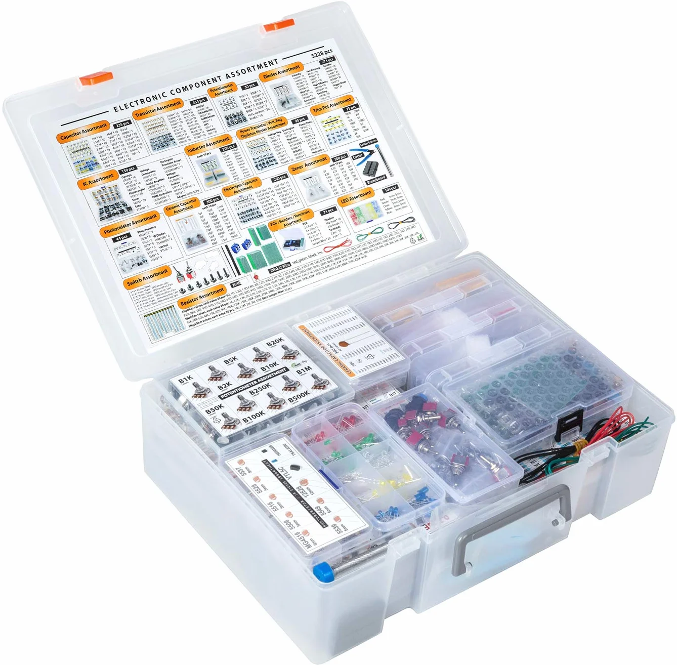 Scatola di componenti elettronici XXXL 5228 pezzi, condensatori, transistor, potenziometri, diodi, circuiti integrati, induttori, regolatori, mosfetti, barattoli di rivestimento, LED, PCB,
