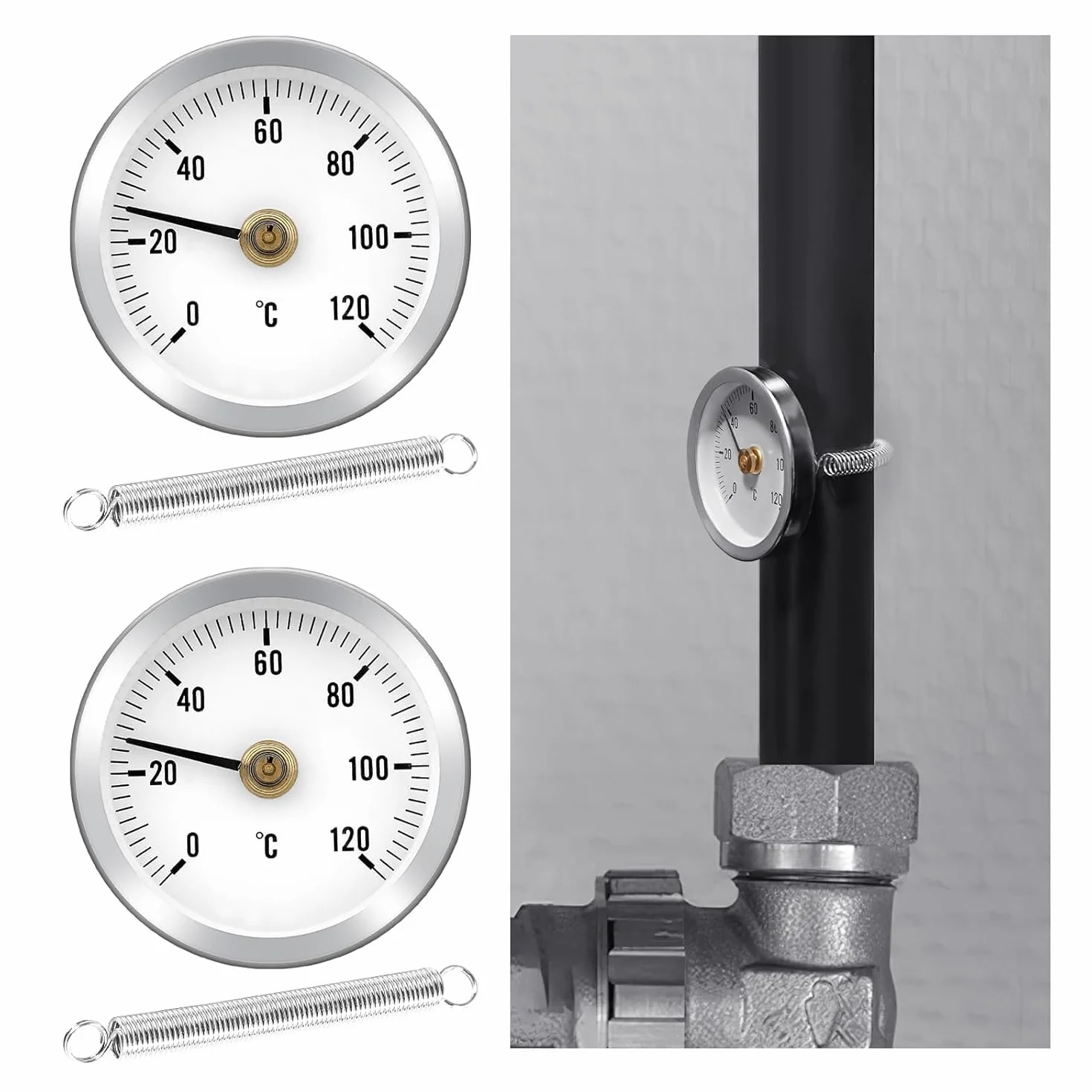Termometro, tubo di riscaldamento 0-120C, 63 mm, termostato per radiatore, per la regolazione della temperatura su tubi del radiatore, con contatto bimetallico in acciaio e superficie in