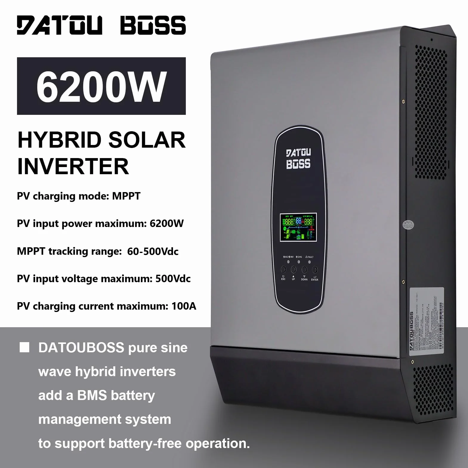 DATOUBOSS 6200 W Inverter ibrido sinusoidale puro 48 V DC a 230 V AC,che supporta il funzionamento senza batteria, con regolatore di carica solare 120 A MPPT per batterie piombo-acido e litio