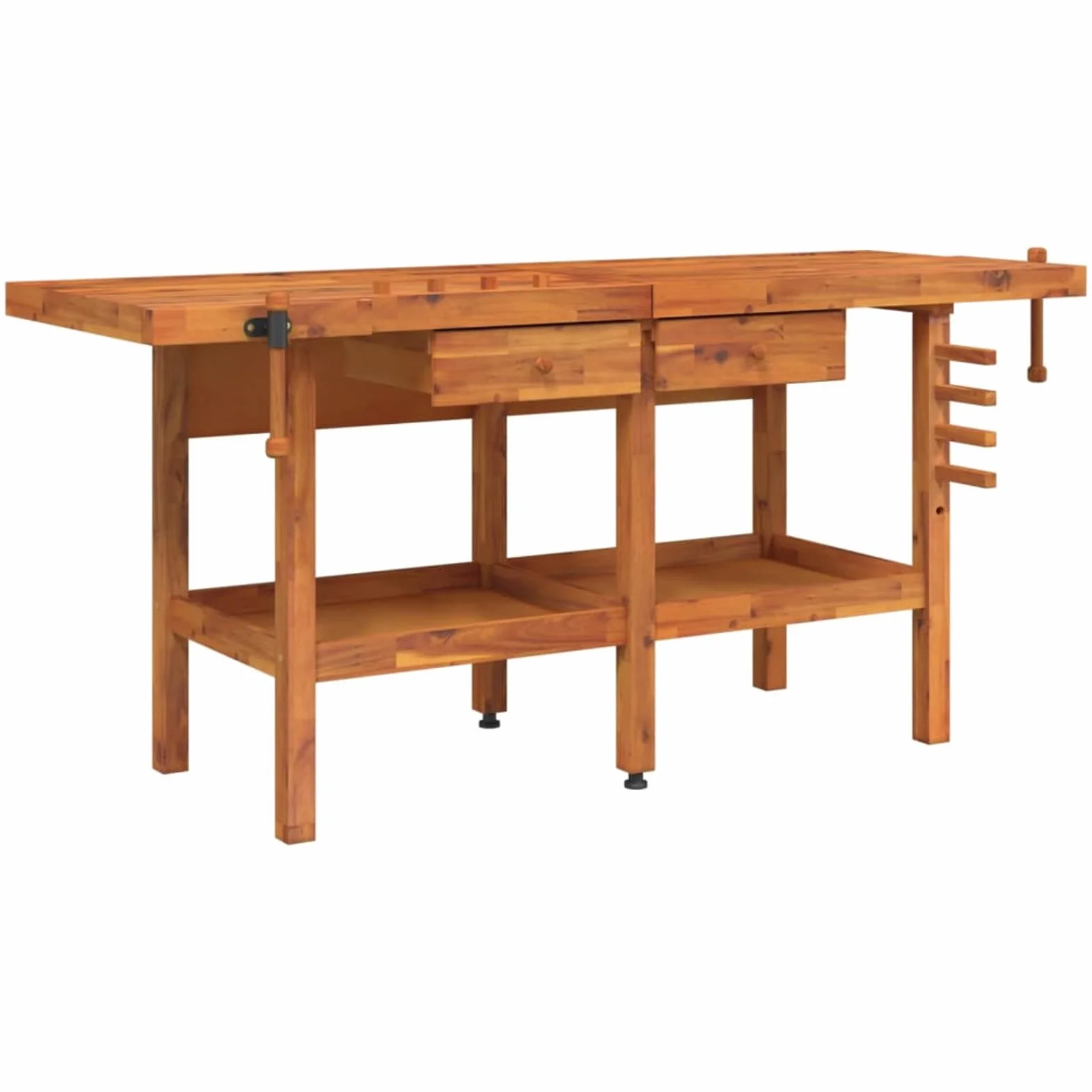Homgoday Banco da Lavoro in Legno di Acacia con Morse 184-192x54-62x83cm 2 Cassetti Robusto