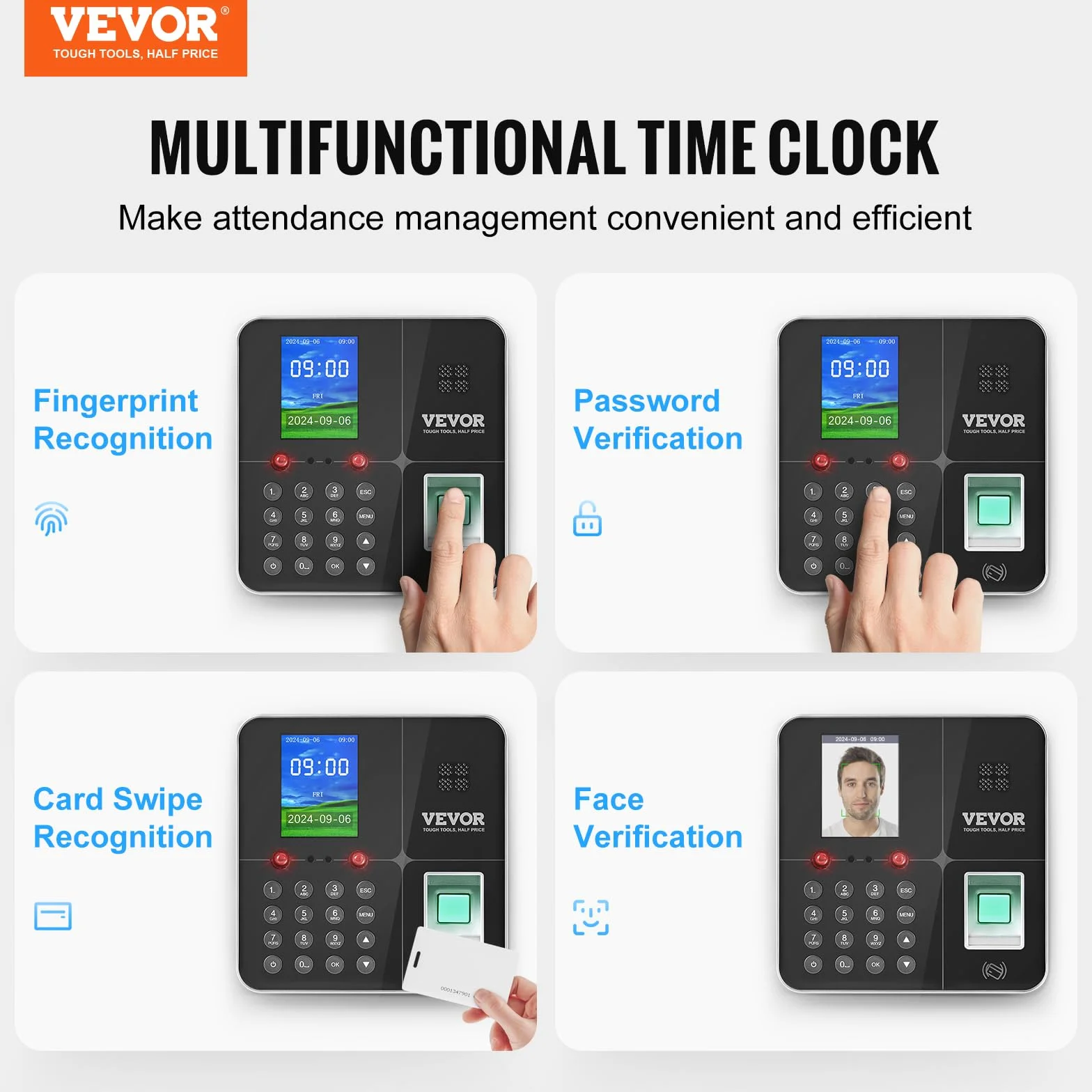 VEVOR Macchina Biometrica per Rilevazione delle Presenze dei Dipendenti con riconoscimento facciale, Impronta Digitale, Carte RFID e Immissione PIN, Orologio Biometrico Indipendente, Supporta 5 Lingue