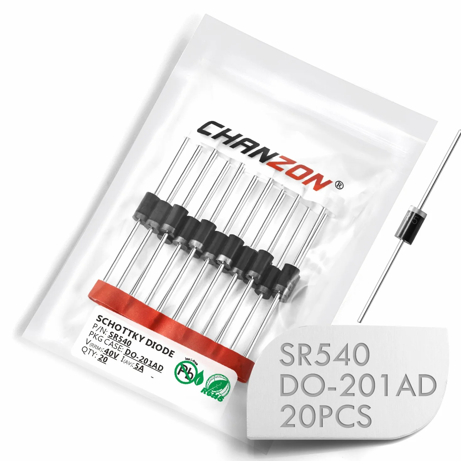(Confezione da 20 pezzi) Chanzon SR540 (SB540) Diodi raddrizzatori a barriera Schottky 5A 40V DO-201AD (DO-27) Assiale 5 Amp 40 Volt