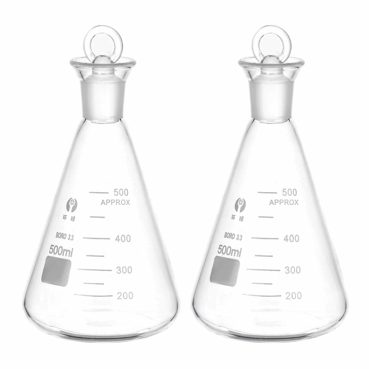 PATIKIL Pallone Di Erlenmeyer 2 Pezzi 500ml 16.9oz Bocca Stretta Con Tappo In Vetro Palloni Graduati In Vetro Borosilicato Con misura Stampata Per Esperimenti Di Chimica Scienza