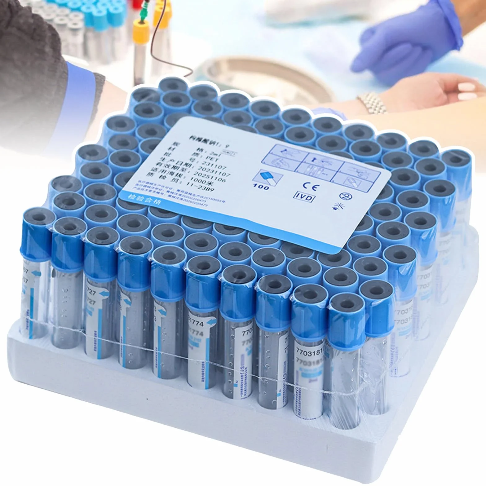 100 Provette per Prelievo di Sangue Sottovuoto, Provette in Vetro Sottovuoto da 2 Ml/5 Ml/10 Ml con Tappo A Vite Blu, Provetta Monouso Sterile in Citrato di Sodio 1:9, per Laboratorio,10ML