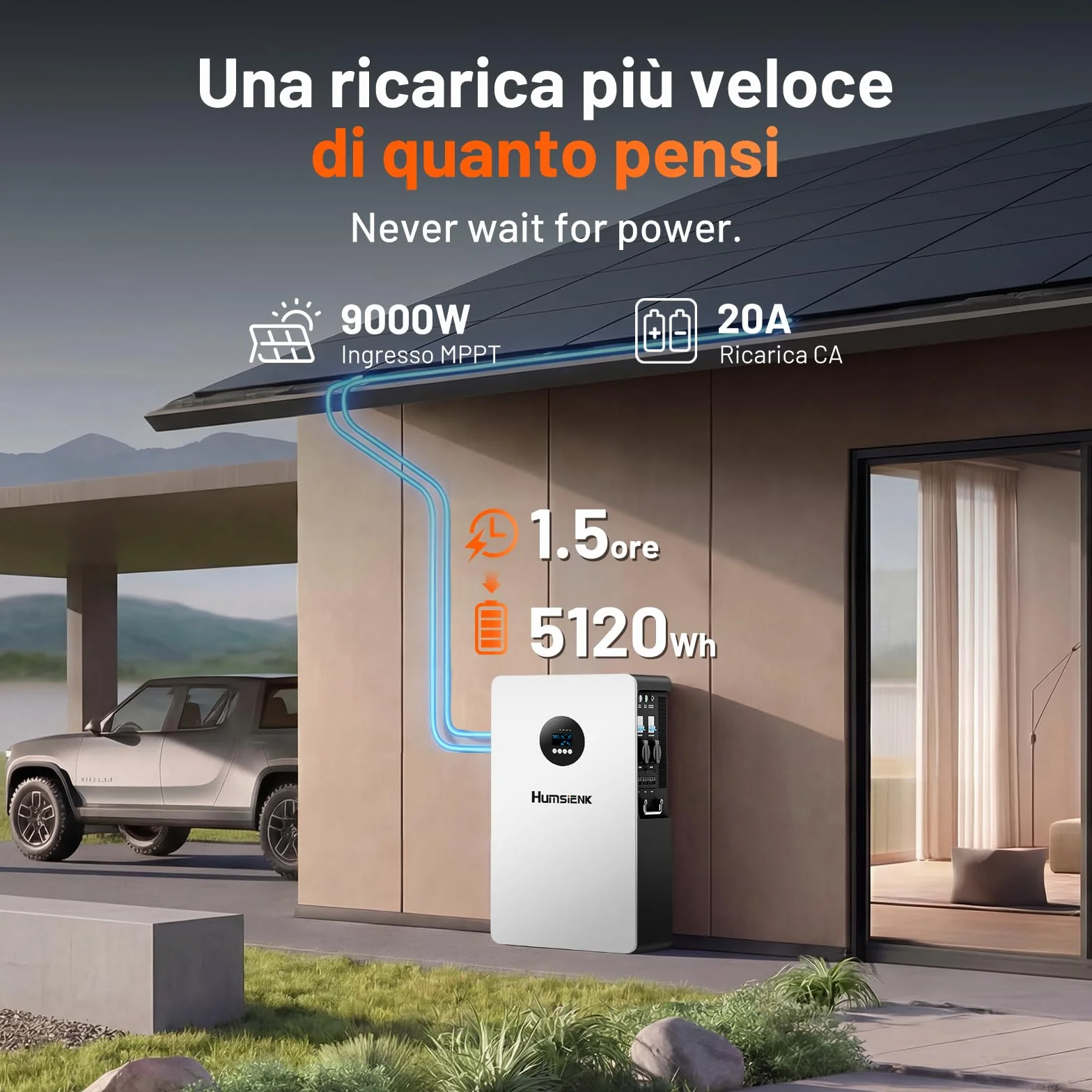 HumsiENK Sistema Solare All-in-One 6-in-1 5kW – Batteria LiFePO4 5.12kWh, Ingresso PV 9000W, MPPT 99.5%, UPS <20ms, BMS 200A con Bilanciamento Attivo 3A per Backup Domestico e Off-Grid