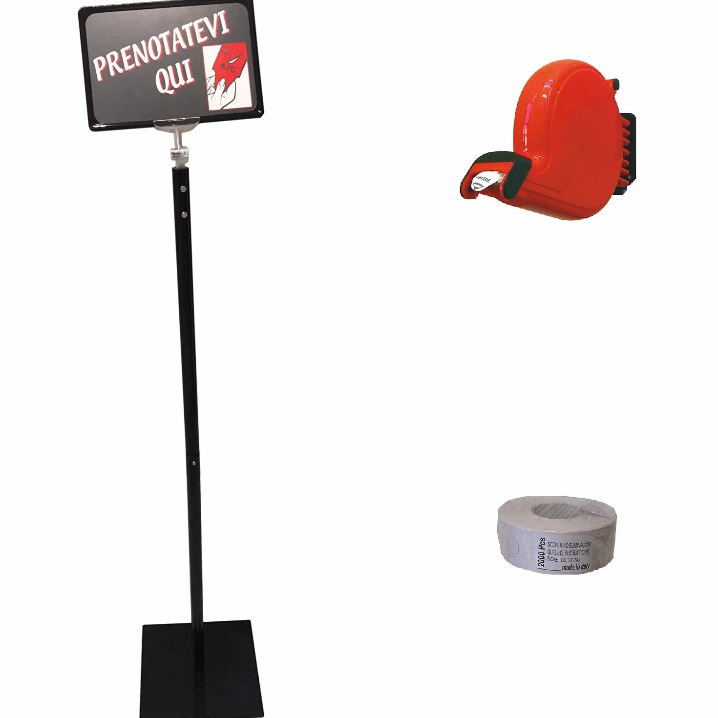 Ferlabel Kit Piantana di Sostegno per Distributore Eliminacode + Chiocciola + 1 Rotolo da 2000 Scontrini