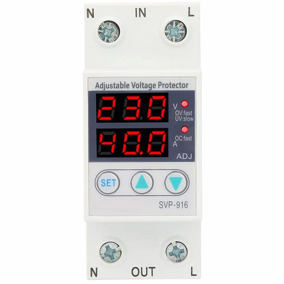 Jadeshay Stabilizzatore di Tensione,Dispositivo di Protezione da Sovratensione Sottotensione Regolabile Monofase Protezione Sovracorrente Relè di Ripristino Automatico con Display LCD AC230V 63A