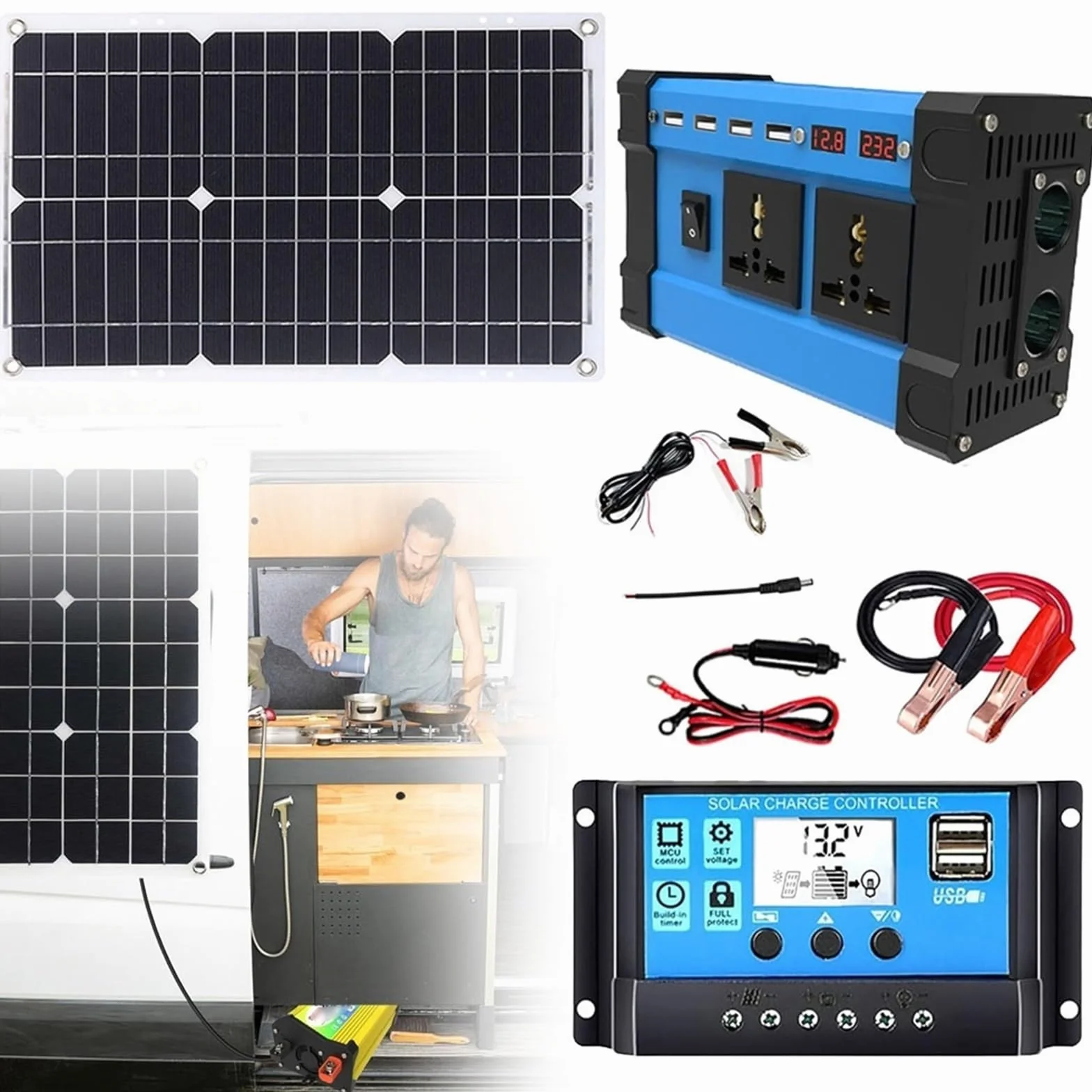 Kit pannello solare completo, system di pannelli solari | Controller 30a+Inverter 500w+Pannello 18w, 4 porte USB, doppia presa universale, doppio display digitale LCD