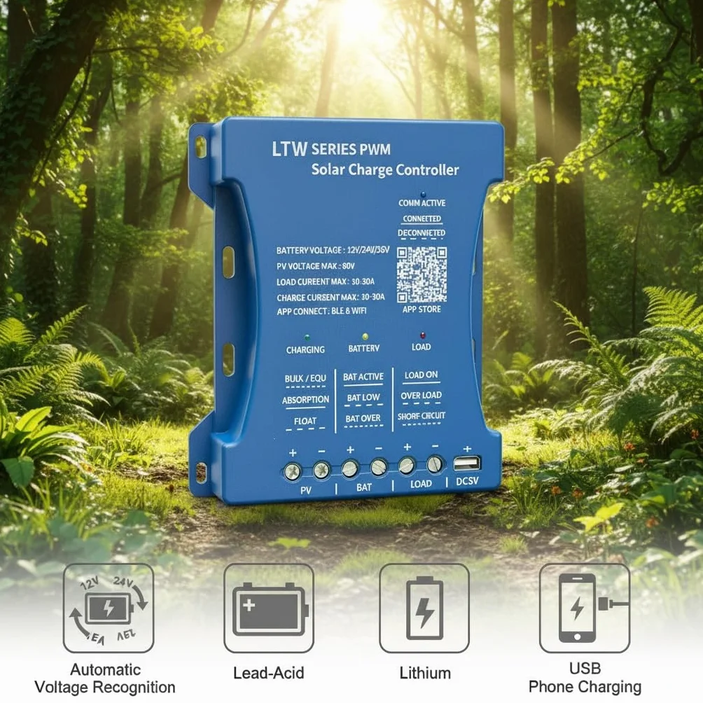 Regolatore solare 20A con WiFi & Bluetooth, PWM 12V/24V/36V per veicoli, ingresso PV 80V, regolazione tramite applicazione per batterie piombo-acido/LiFePO4/litio, ideale per camper/casa/installazione