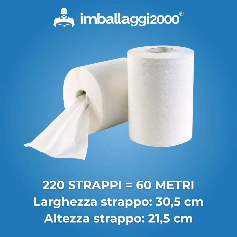 IMBALLAGGI 2000 - Rotoli Asciugamani Carta 2 Veli in Pura Cellulosa, 1 pack, Confezione da 12-220 Strappi Ogni Rotolo, Altezza 21.5 cm - Certificazione Ecolabel