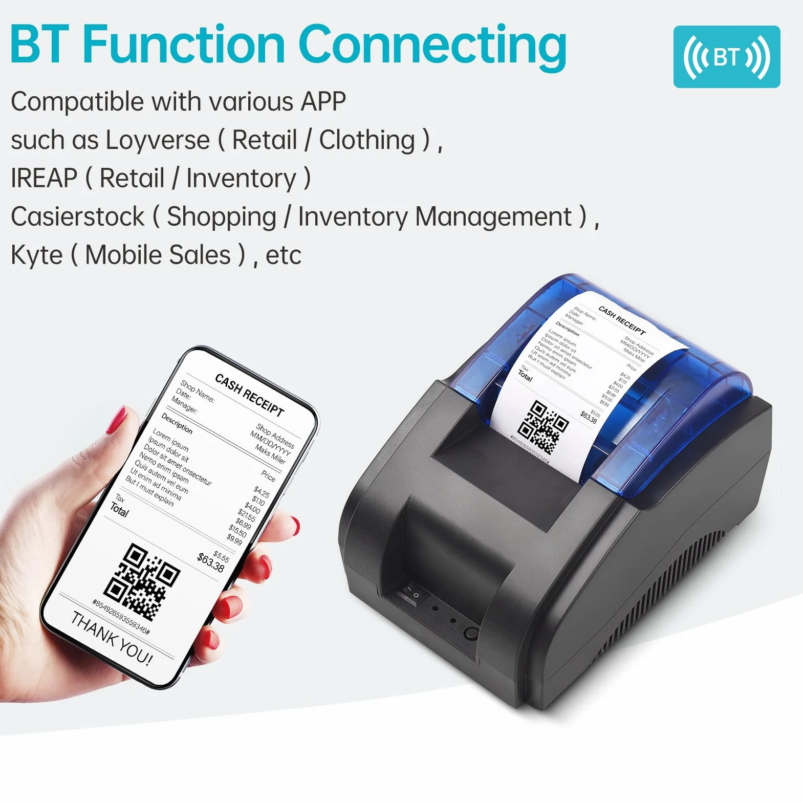 Bisofice Stampante termica 58 mm per Scontrini, Stampante Portatile Bluetooth & USB, Compatibile con Android/Windows, Supporto ESC/POS, per Vendita al Dettaglio