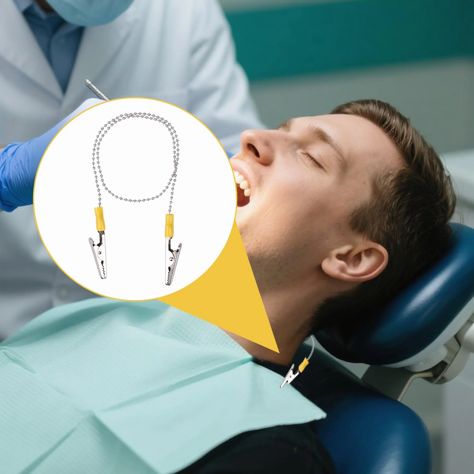Tinoaly 6pz Clip Bavoletto Dentale con Catena Tovaglioli 48cm Supporti Bavoletto Metallo per Cliniche Dentali