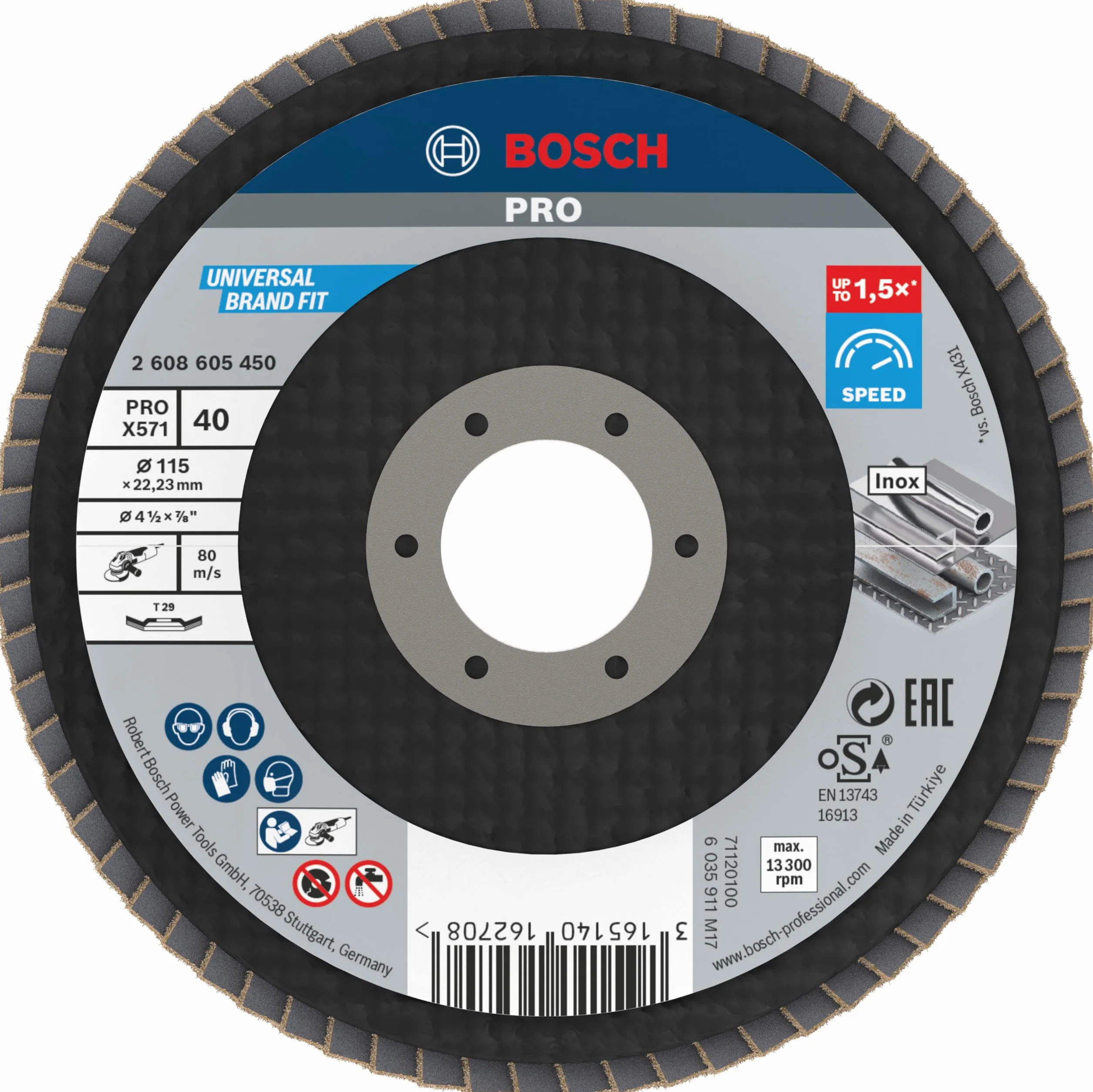 Bosch 1x Disco lamellare PRO X571 piccole, versione angolata, in fibra (per Acciaio, Acciaio inossidabile, Ø 115 mm, Grano 40, Professional Accessorio Smerigliatrice angolare piccola)