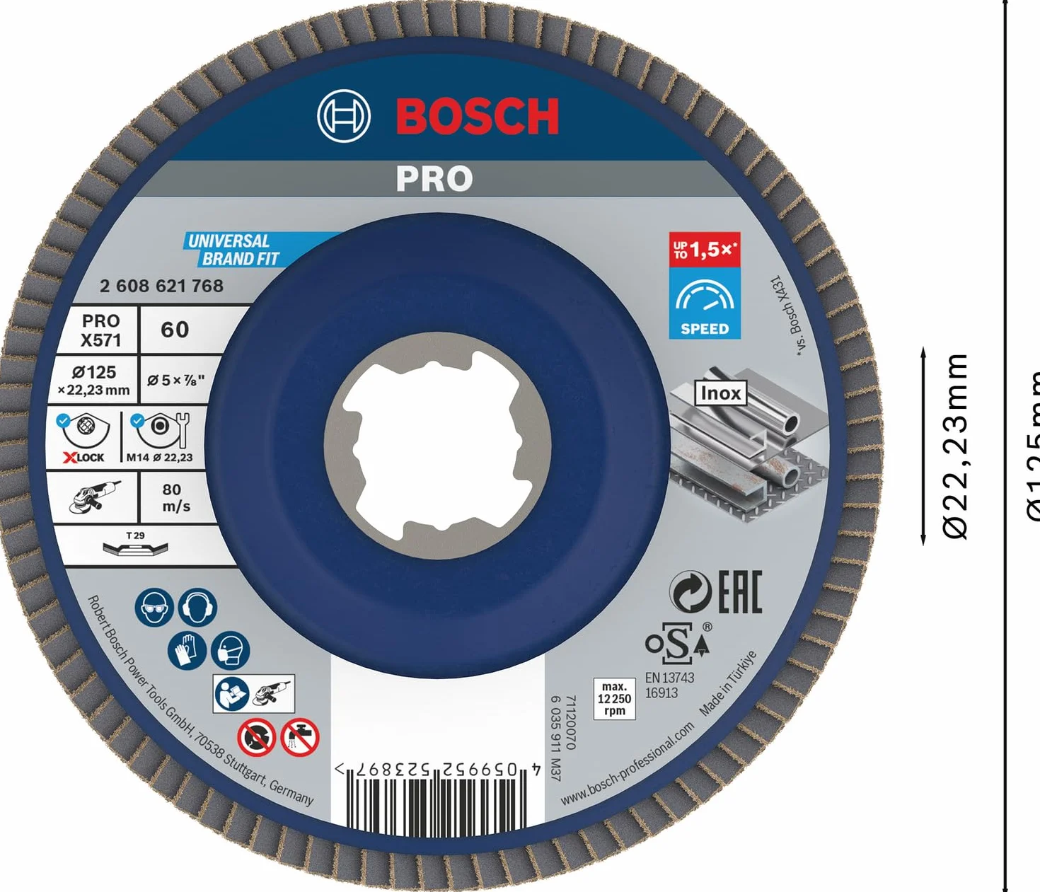 Bosch 1x Disco lamellare PRO X571 piccole, versione angolata, X-Lock (per Acciaio, Acciaio inossidabile, Ø 125 mm, Grano 60, Professional Accessorio Smerigliatrice angolare piccola)
