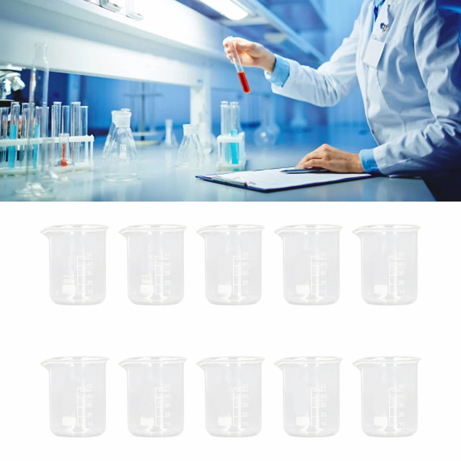 10 PCS Becher Graduato 50ml, Becher Bicchieri di Vetro per Laboratorio