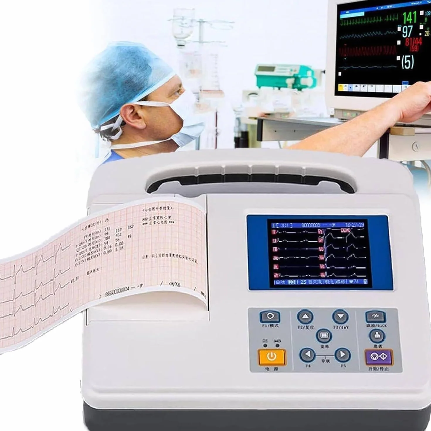 Monitor ECG, ECG digitale LCD professionale a 12 derivazioni e 3 canali con carta da stampa per la cura orale medica, i segni vitali,l'unità di terapia intensiva e la terapia intensiva cardiovascolare