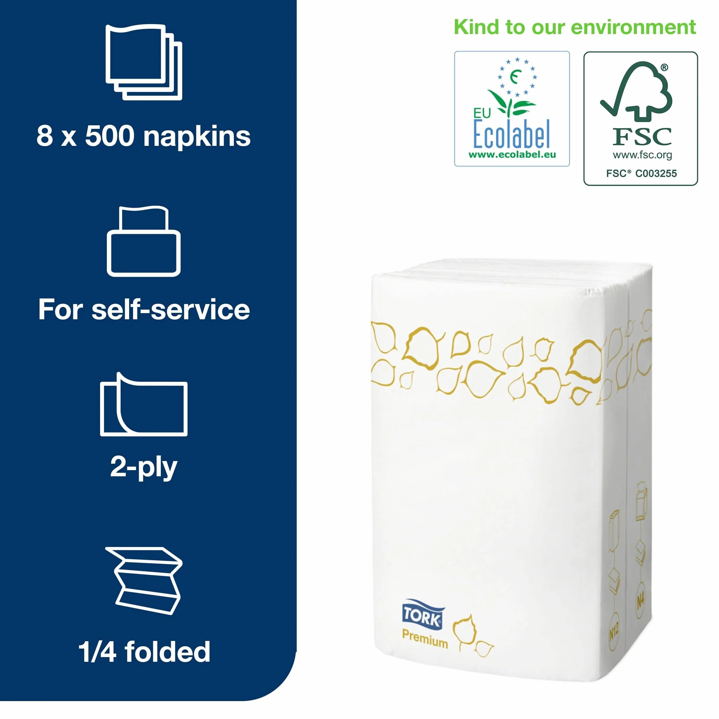Tork 13670 Tovaglioli Extra Soft per dispenser Xpressnap Premium, N4, 2 veli, 8x500 (4000pz), 21,3x33 cm, bianco