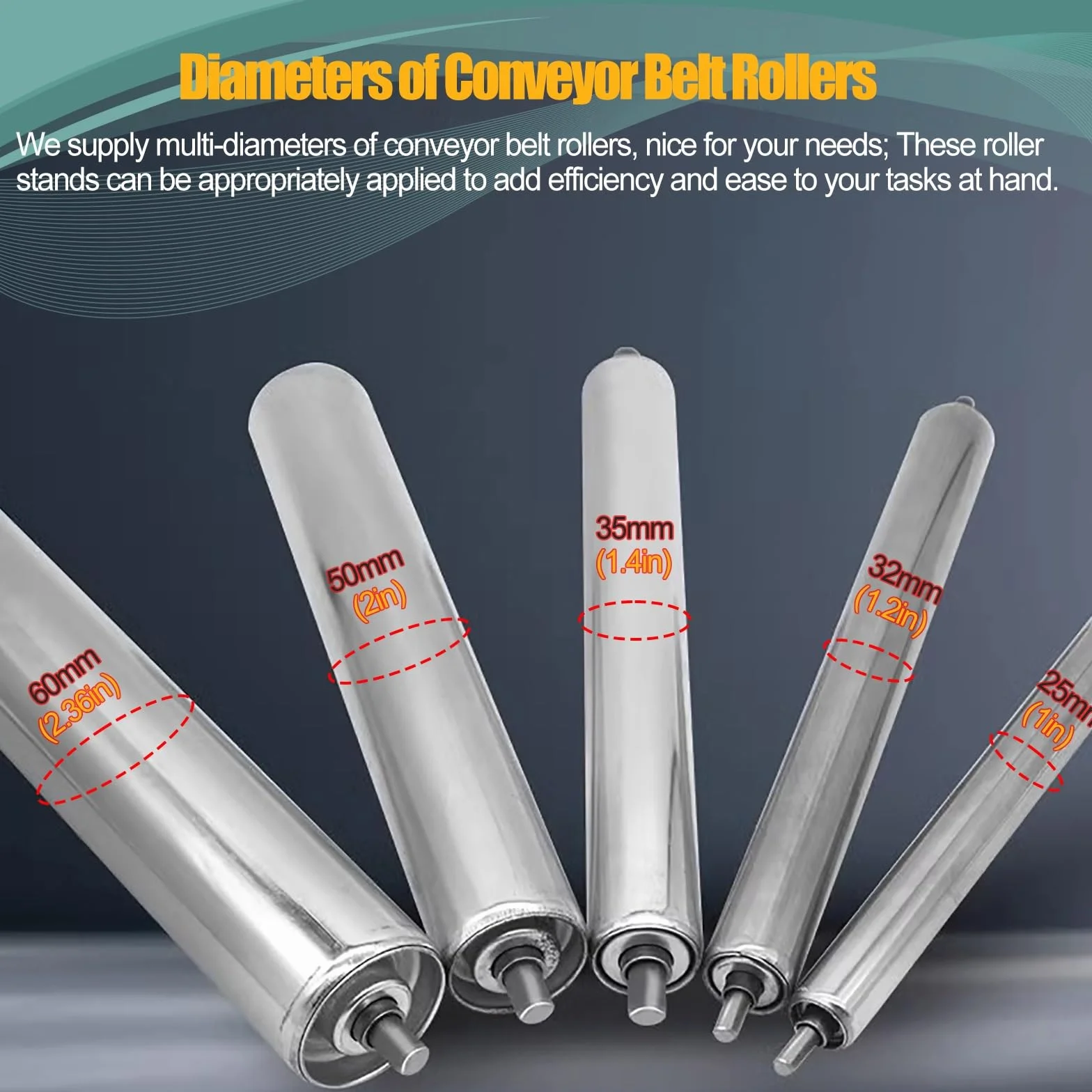 Rulli trasportatori resistenti in acciaio inox, 50 mm, 300 mm, 400 mm, 500 mm, 600 mm, 700 mm, 800 mm, rimovibili, per sistemi di nastri trasportatori, confezione da 10, diametro 5,1 cm