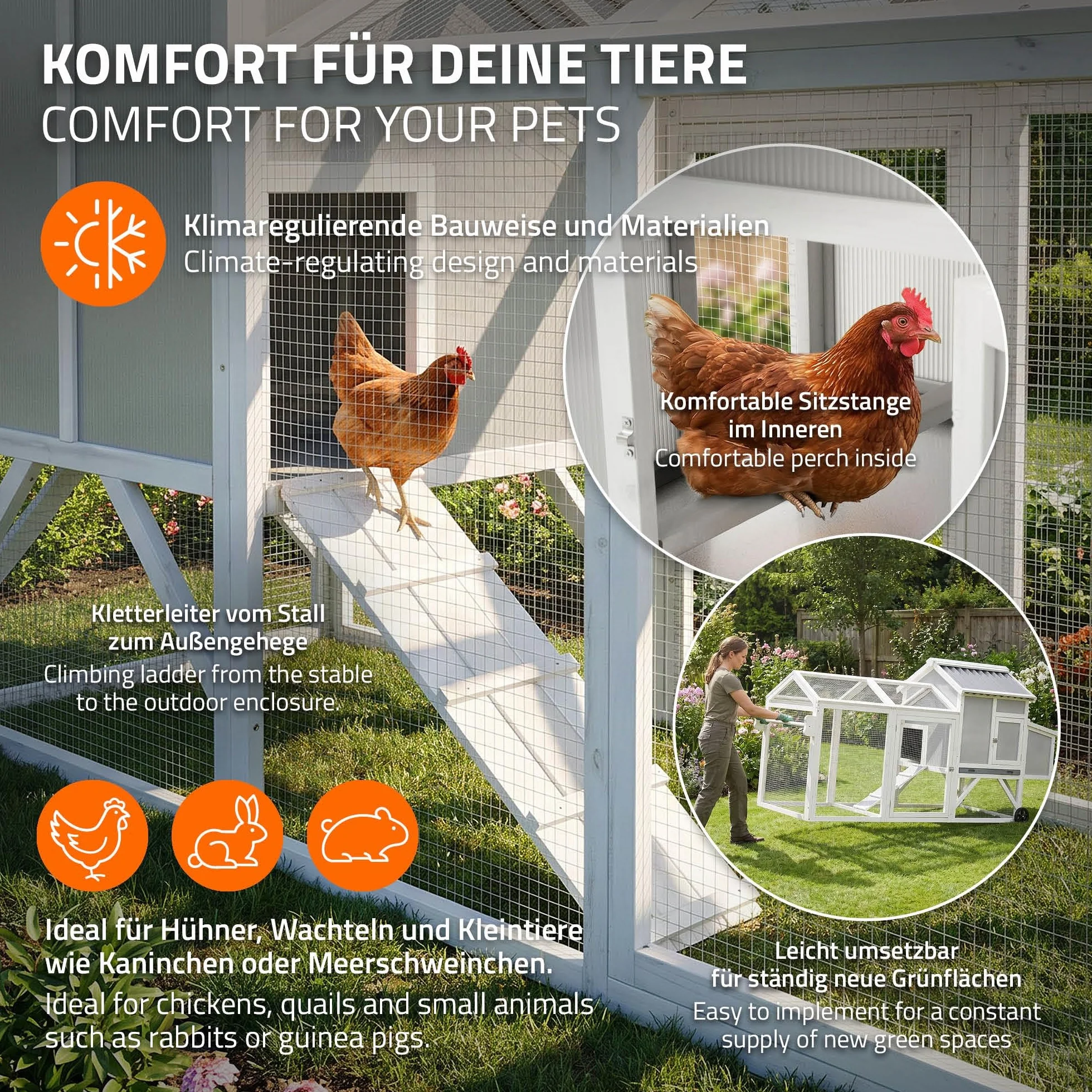 ECD Germany Pollaio per Galline da Esterno in Legno Massello e Rete Zincata, Casetta per Galline Ovaiole con Recinto Esterno e Ruote XXL 83 x 220 x 109 cm, Pollaio con Nido e Area di Pascolo