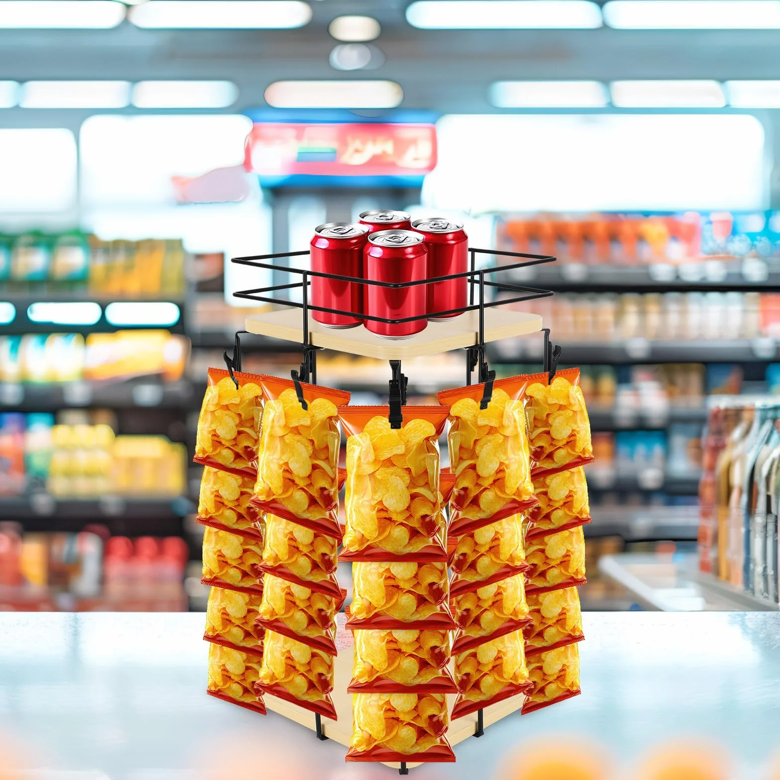 Penitue Espositore per Snack, 8 Ripiani 40 Clip Girevole 360 Gradi con Cestello Portaoggetti
