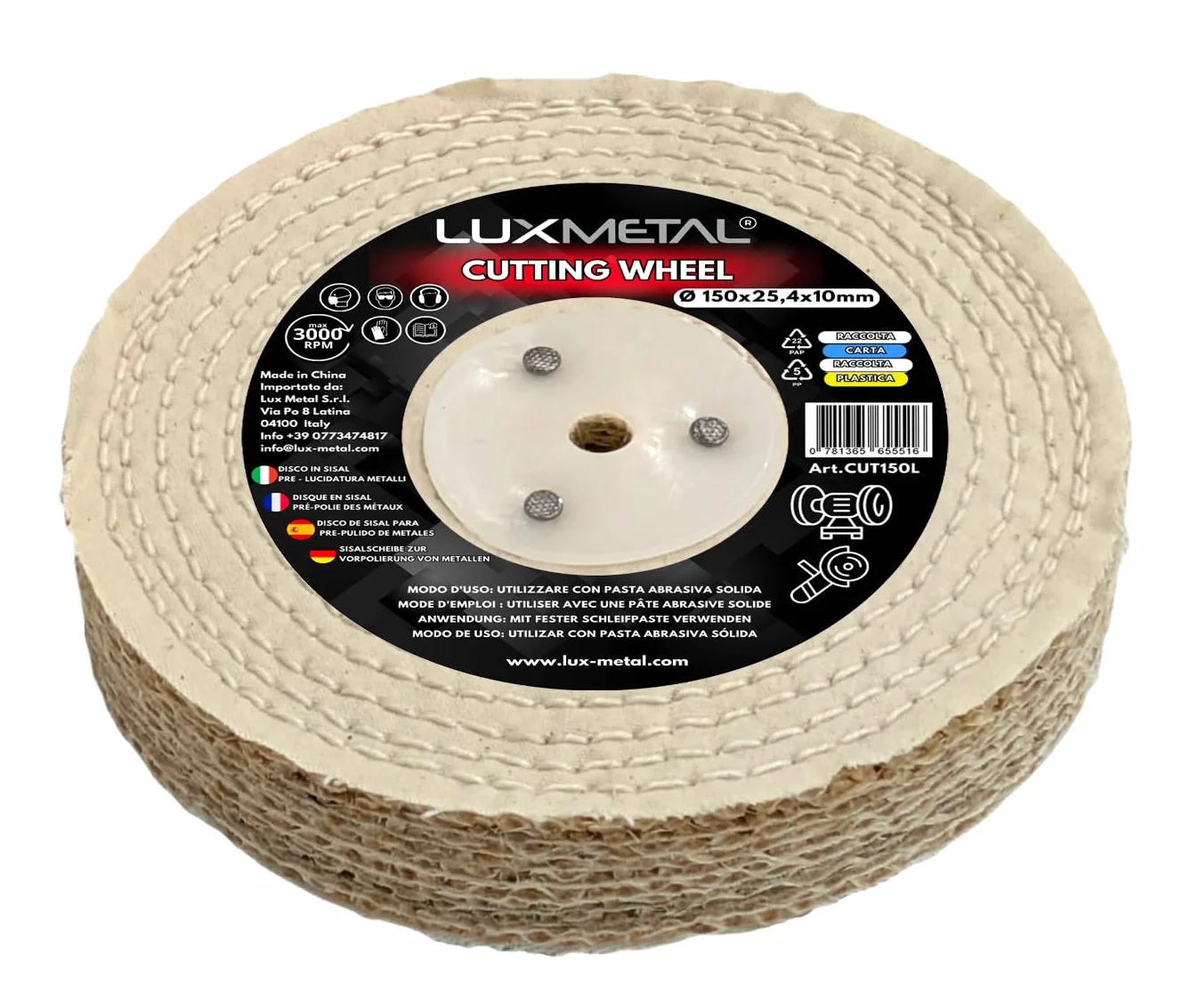Disco Lucidatura Metalli in Sisal 150 x 25,4 x 10 mm – Ruota Pre-lucidatura per Mola da Banco con attacco per Mandrino Conico Ideale per lucidare Acciaio, Ottone, Alluminio Smerigliatrice Lucidatrice
