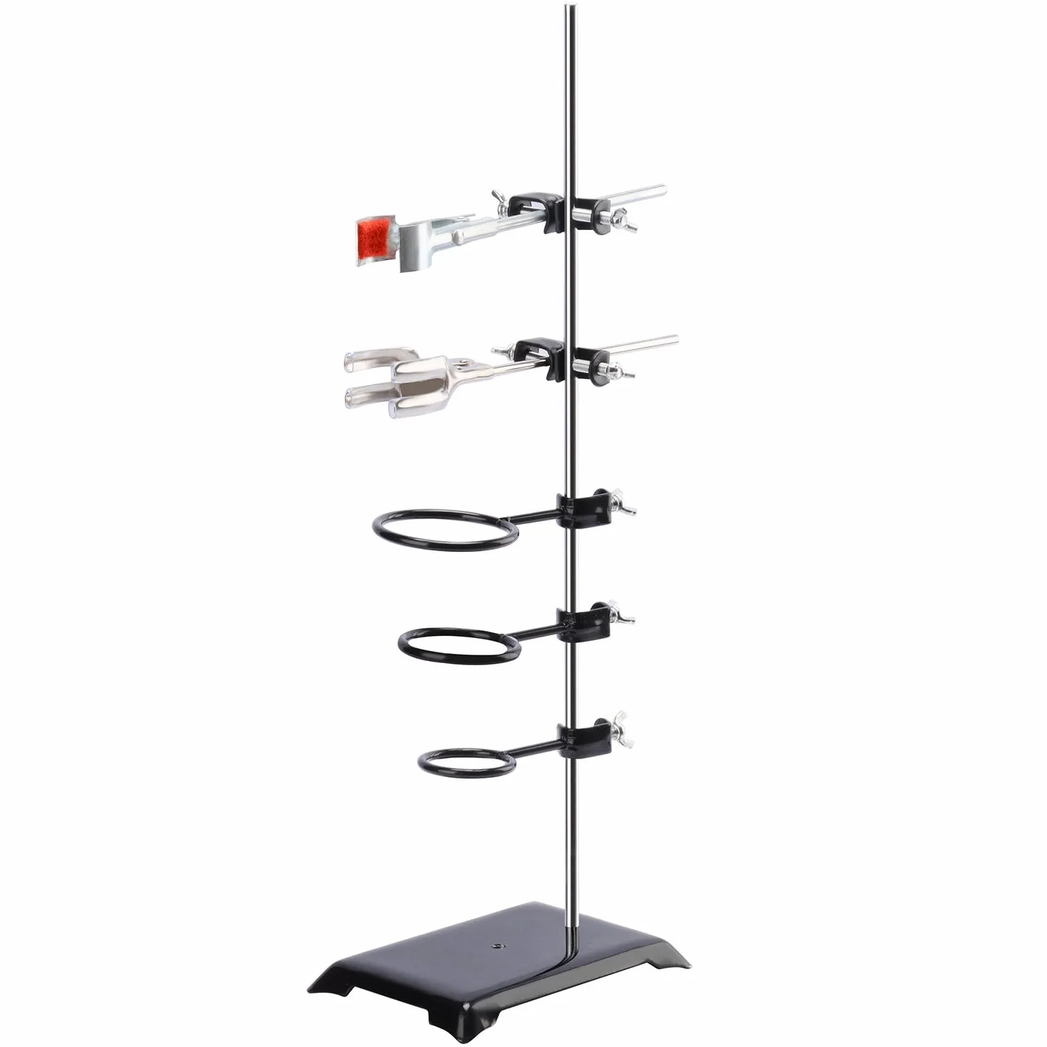 stonylab Set per Supporto da Laboratorio, Supporto in Acciaio per Strumenti da Laboratorio con Asta (60 cm L), Morsetto per Buretta a 4 Denti, Anello Sostegno, Morsetto per Pallone e Testa