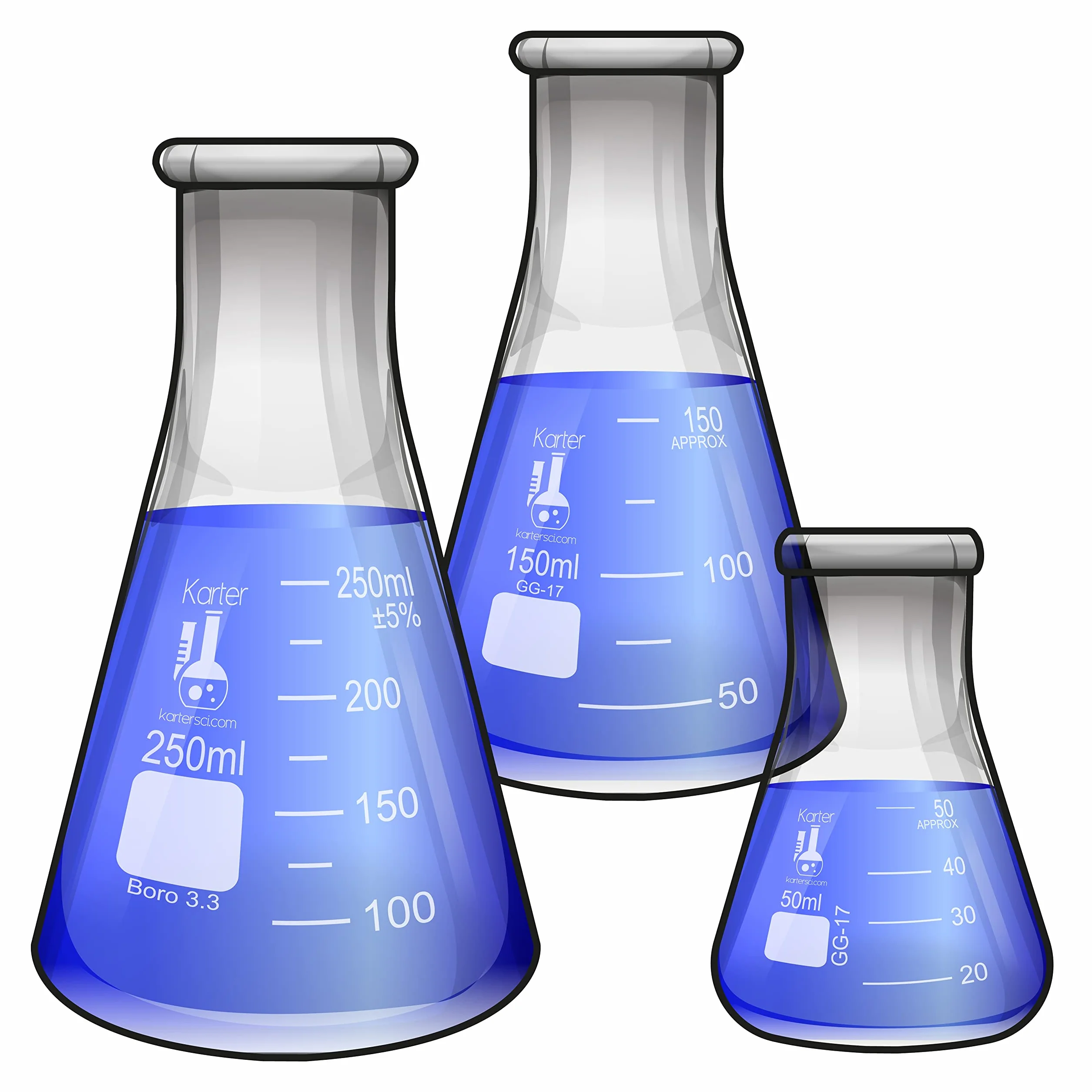 Karter Scientific - Set di flaconi Erlenmeyer in vetro, 3 misure, 50, 150 e 250 ml, 3 misure