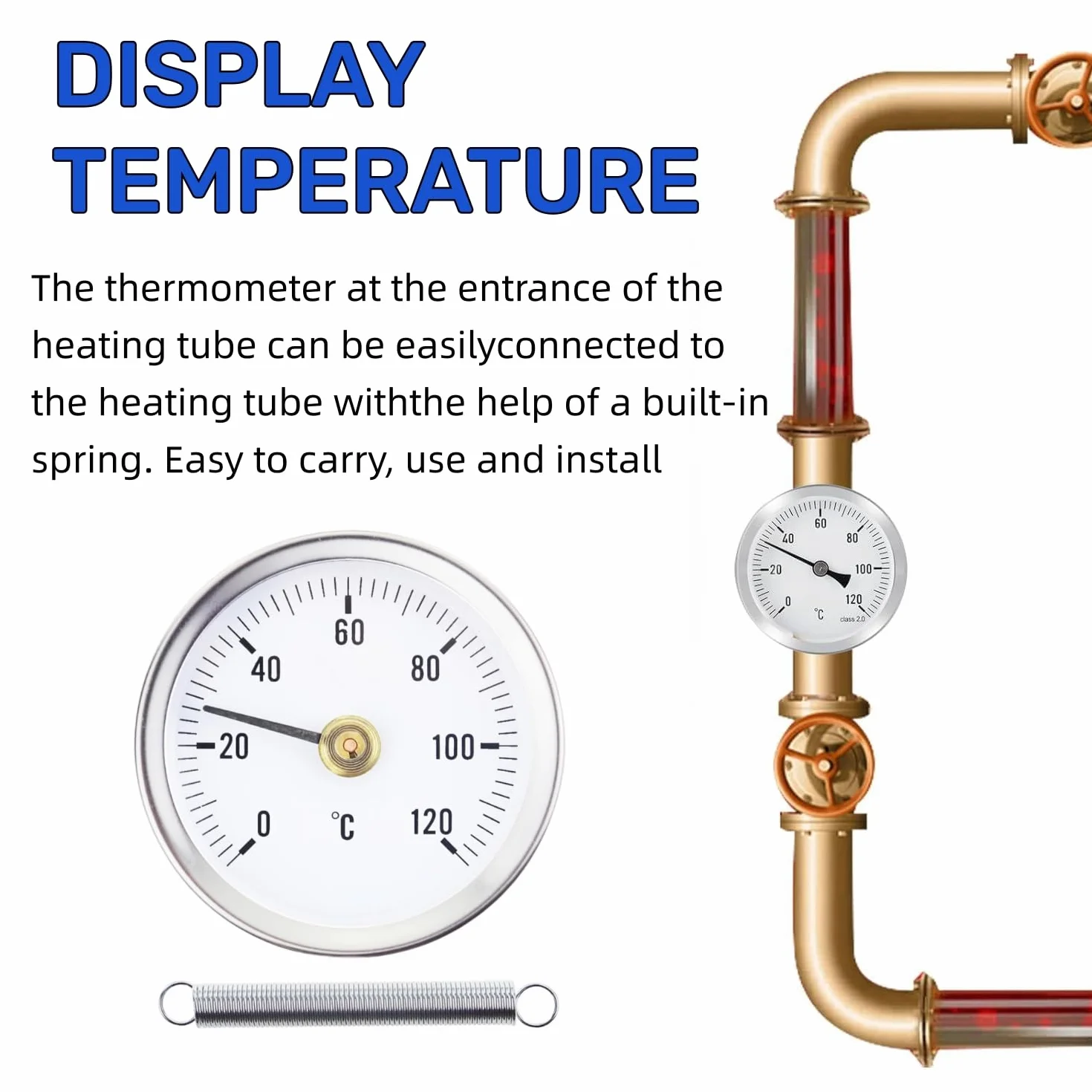 2 termometri per riscaldamento 0-120C 63 mm, termostato per radiatore per il controllo della temperatura su tubi del radiatore con contatto bimetallico in acciaio e superficie in acciaio inox.