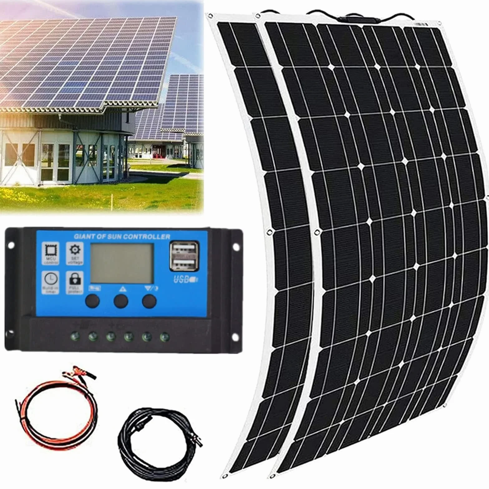 Sistema di Kit di Pannelli Solari da 800 W, Modulo Solare Monocristallino Flessibile da 2 Pezzi 400 W 18 V per Camper, Barca, Tenda, Auto, Rimorchio, Ricarica della Batteria