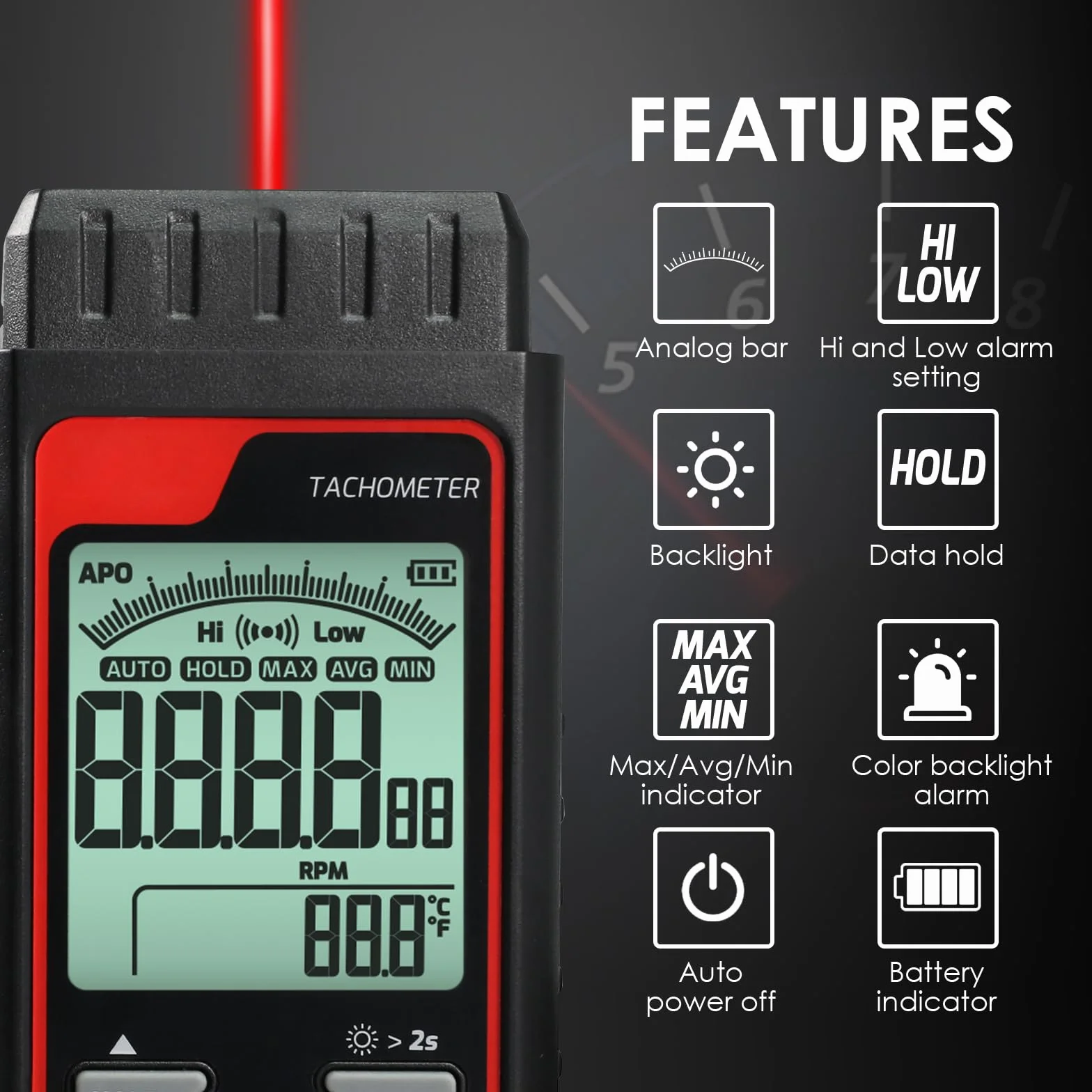 Tachimetro Digitale Senza Contatto RPM Misuratore di Velocità Strumento Laser Foto Tachimetro con 2.5~99999 RPM, Scala a Barre Analogica | Allarmi Personalizzati per Tester di Velocità Motore HVAC