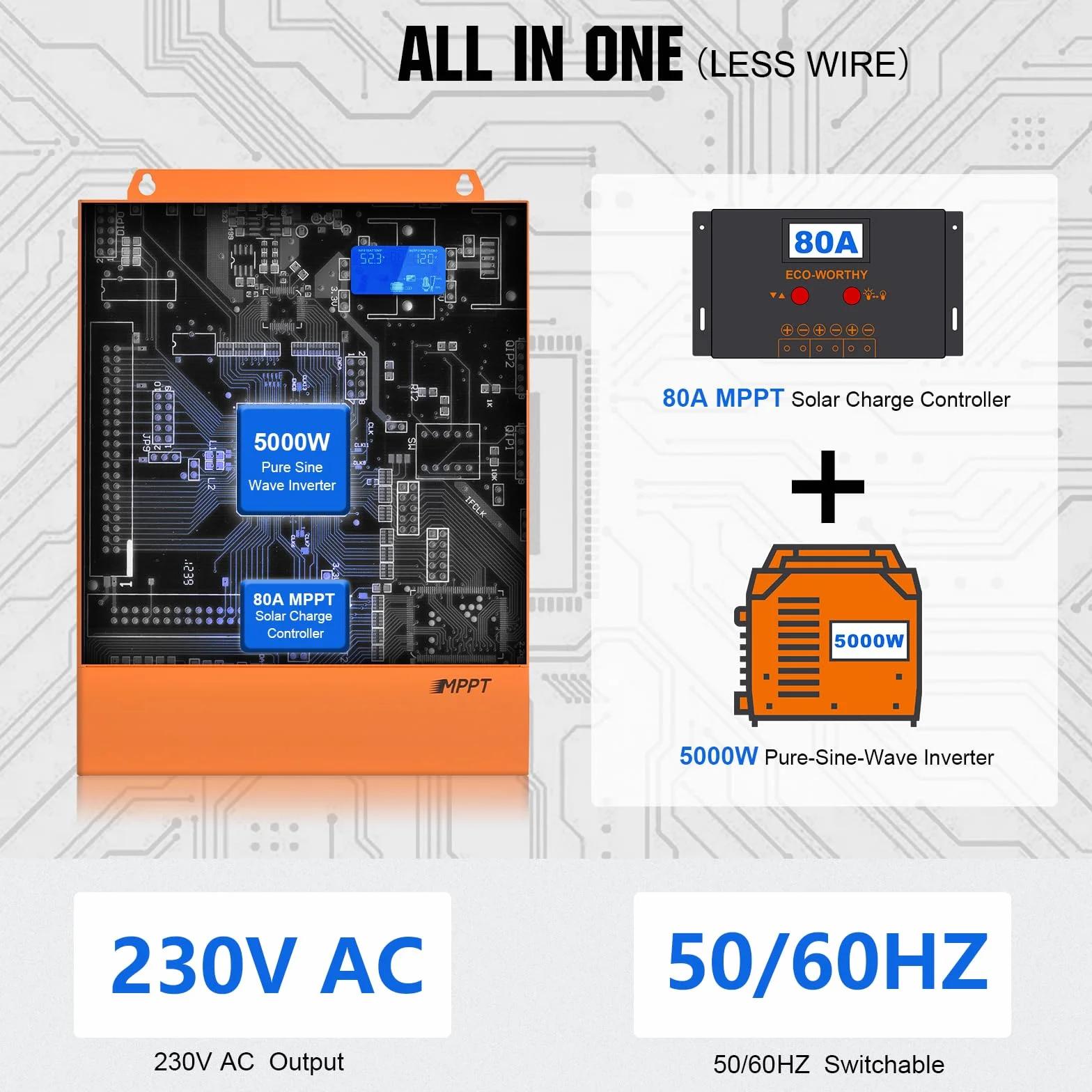 ECO-WORTHY Inverter ibrido 48 V 5000 W a onda sinusoidale pura + MPPT 80 A regolatore di carica solare DC a 220 V/230 V AC inverter solare per camper casa sistema solare completo