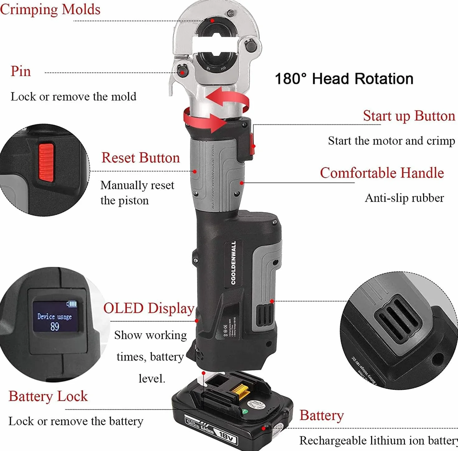 TAHALI Pinza crimpatrice elettrica idraulica, crimpatrice idraulica Ricaricabile per terminali in Rame e Alluminio, con Batteria da 1,5 Ah, Campo di crimpatura 16-300 mm²