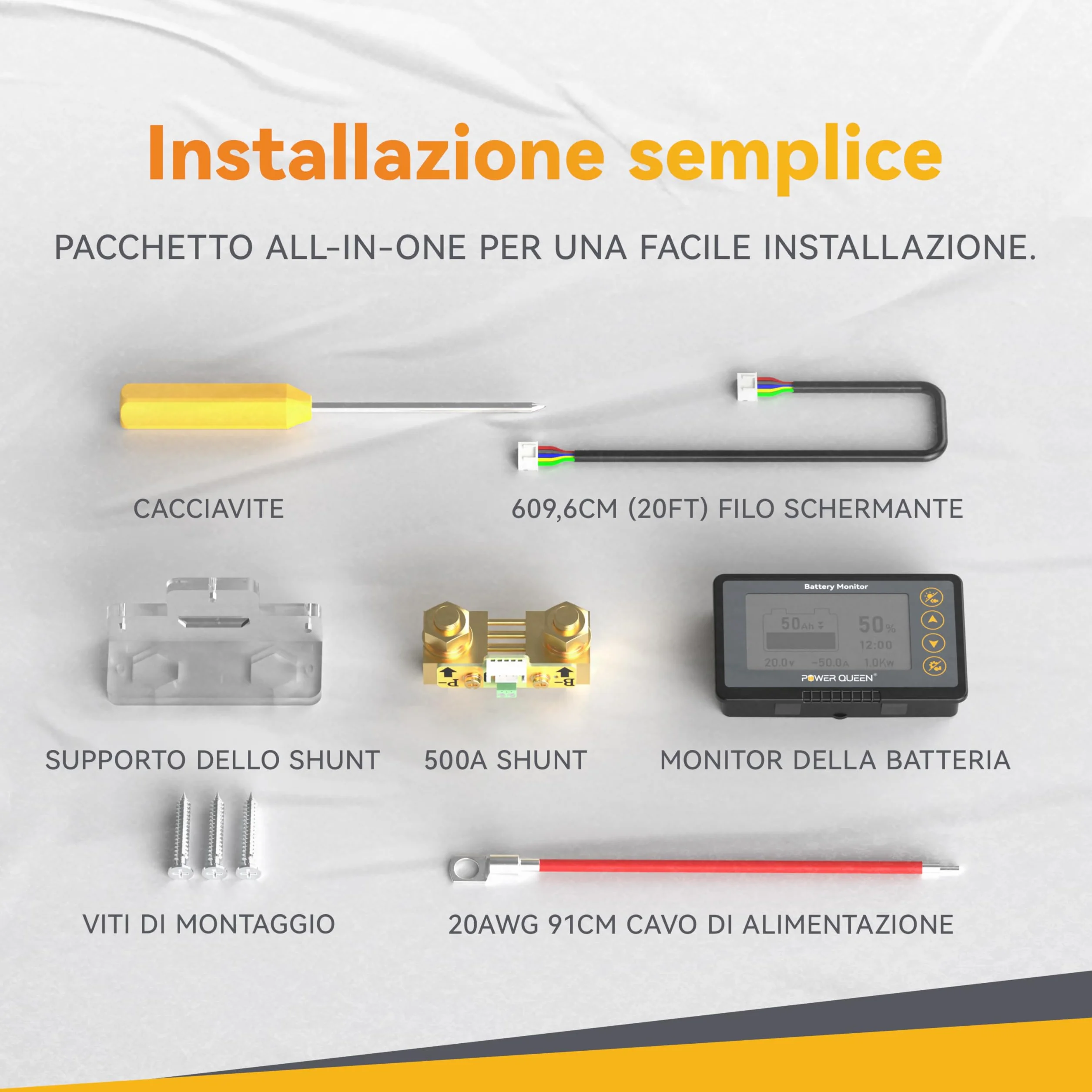 Power Queen Monitor della batteria da 500 A con Shunt, allarme programmabile, 8 V-120 V, indicatore LCD, cavo schermato, compatibile con litio da 12 V, LiFePO4, gel, batterie allagate