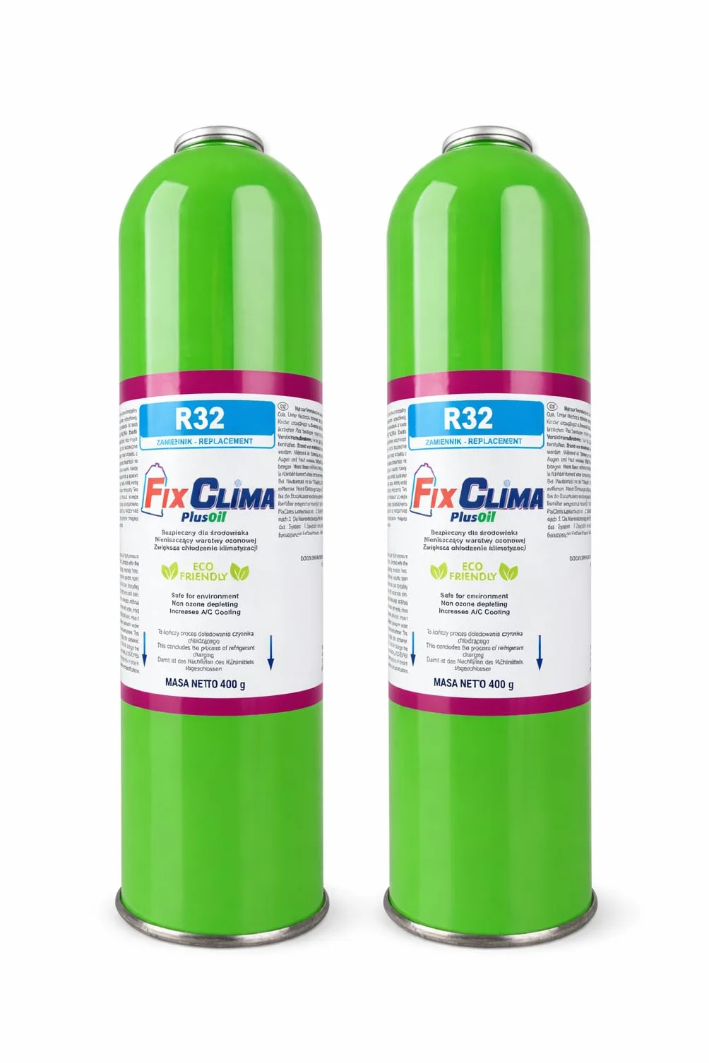FixClima 2 X 400g R32 Refrigerante PlusOil – Bottiglia di ricarica per condizionatori domestici – Gas di ricambio per split e Mobile AC – Facile da usare, migliore capacità di raffreddamento