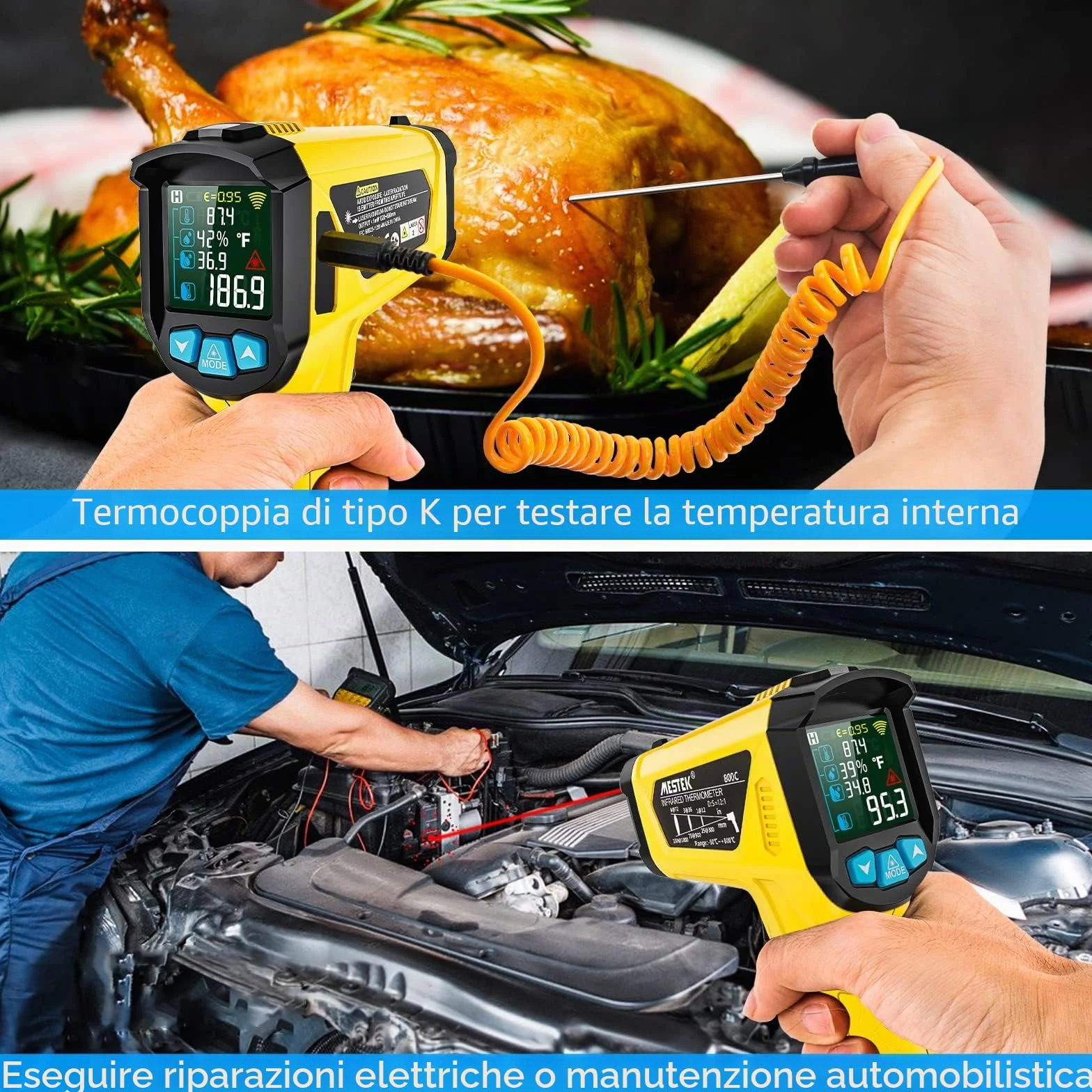 MESTEK Termometro a Infrarossi Digitale Laser -50°C 800°C con Sonda K Schermo LCD Colori