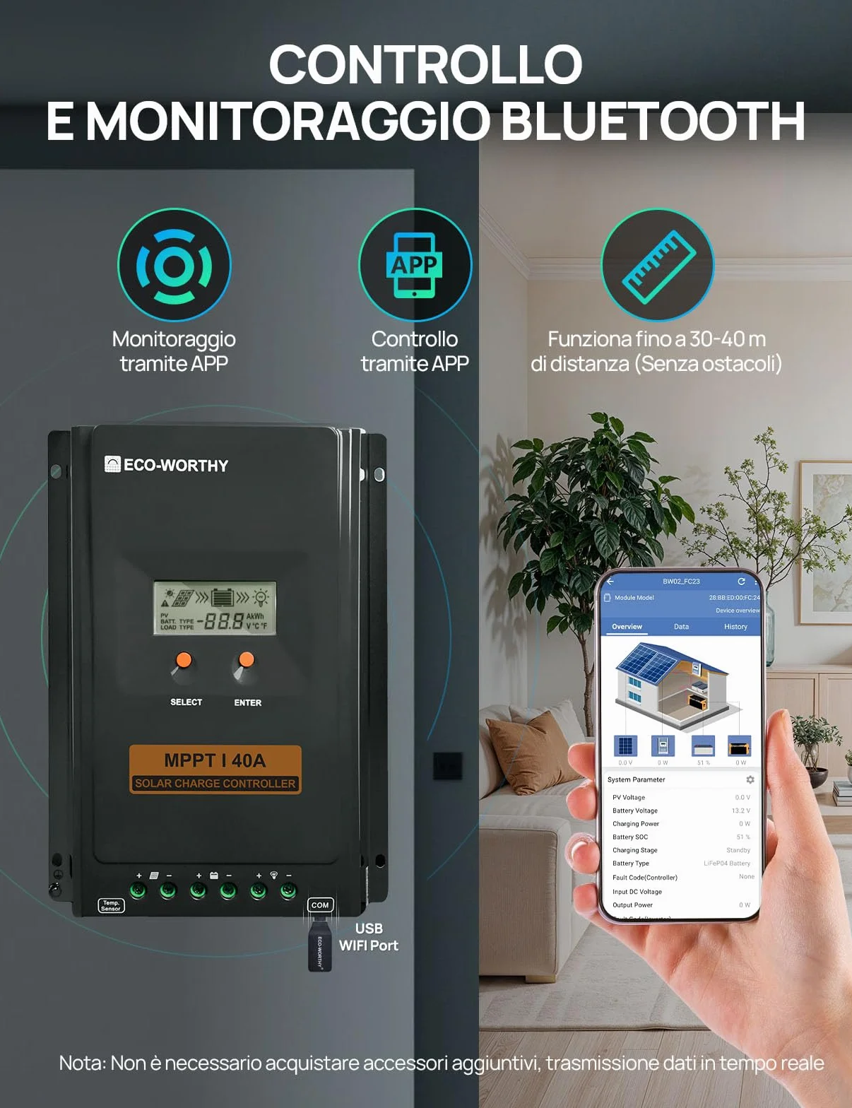 ECO-WORTHY Regolatore di carica 40A MPPT,Regolatore Solare 12V/24V con Display LCD, Monitoraggio Tramite App Bluetooth e RS485, Efficienza di Carica del 99% per Batterie al litio GEL SLA FLD