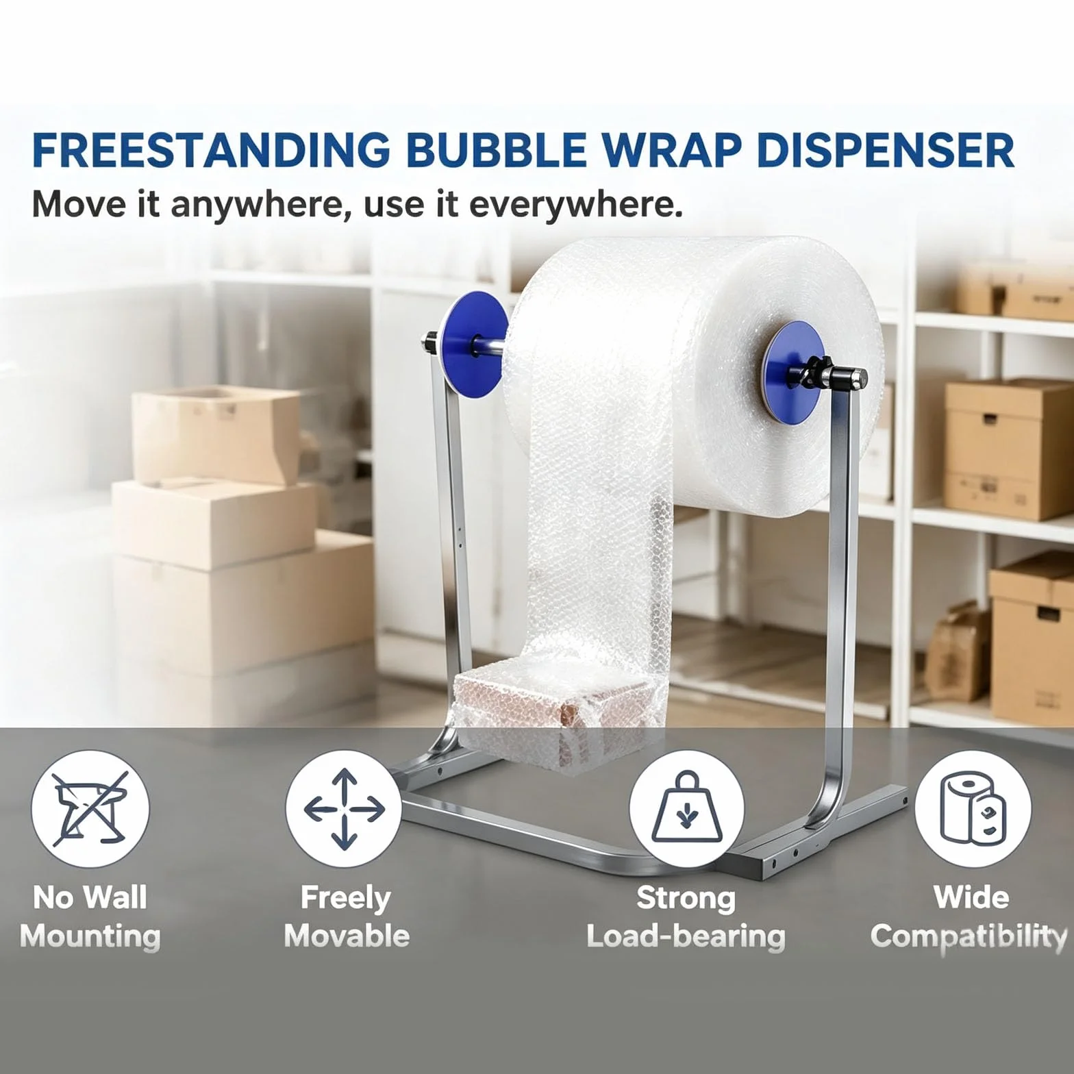 Dispenser per Rotolo di Pluriball, Altezza 84 Cm, in Acciaio Zincato, con Morsetto A Cambio Rapido, Supporto Stabile per Erogazione di Pluriball, Ideale per Magazzino 40cm